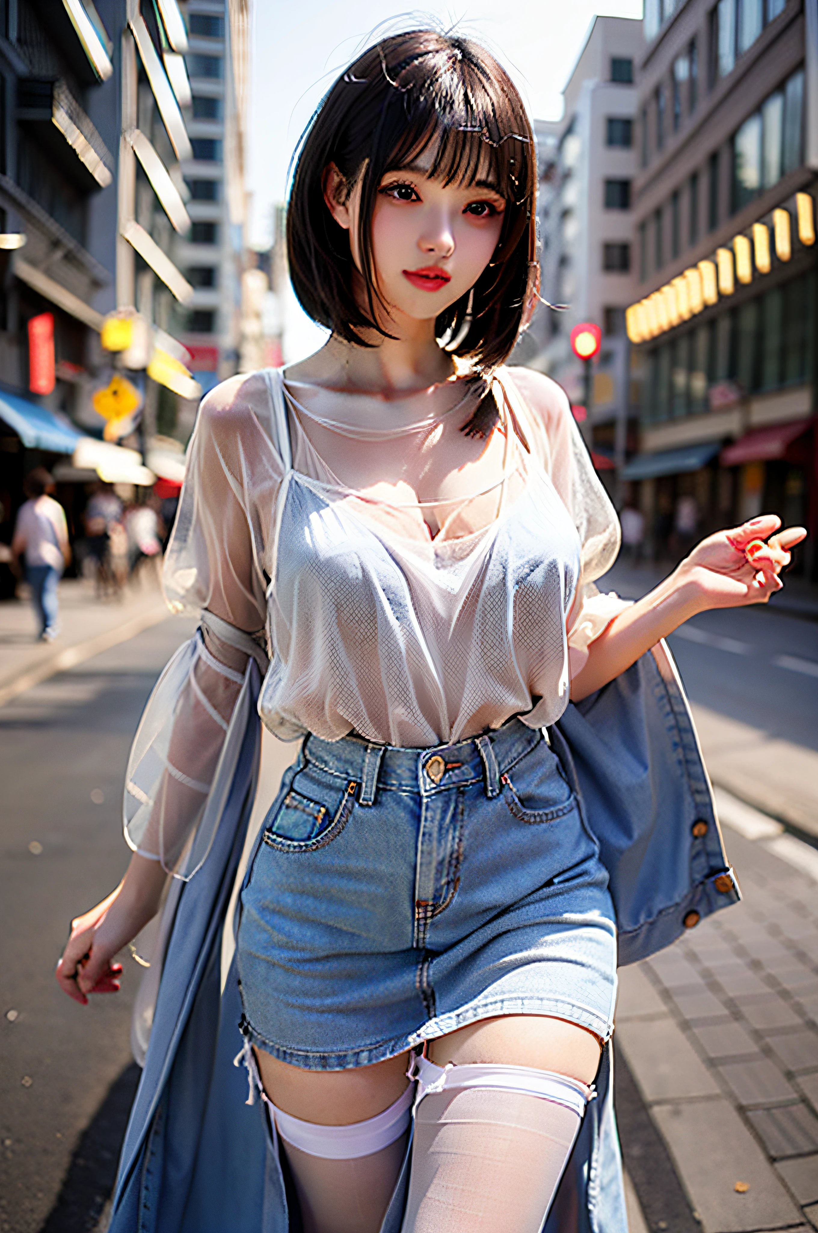 Young thin girl,Drooling hair,Dark brown hair,Urban street background,full bodyesbian,long leges,Beautiful body structure covered,Super detailed drawing, Impressively realistic photos,Translucent clothes,(Casual hairstyle,:1.2), stunning elegant pose, see through clothes,Translucent maxi dress,Background bokeh,Goddess-like existence,Transparent skin,White top,short denim skirt