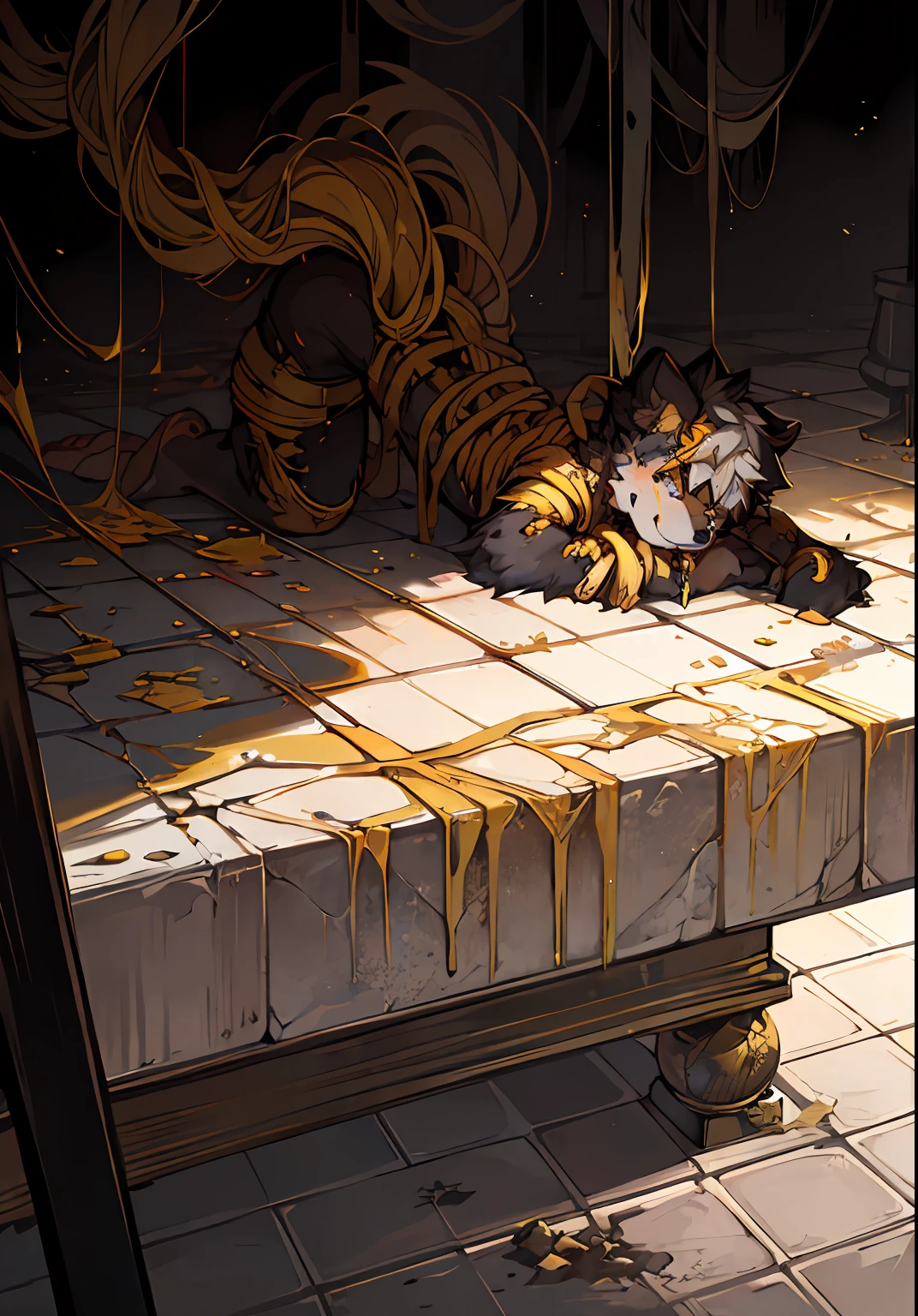 Burnt yellow twisted marble floor,The world is decaying and broken,Faintly decaying puppy,Repaired cracks。