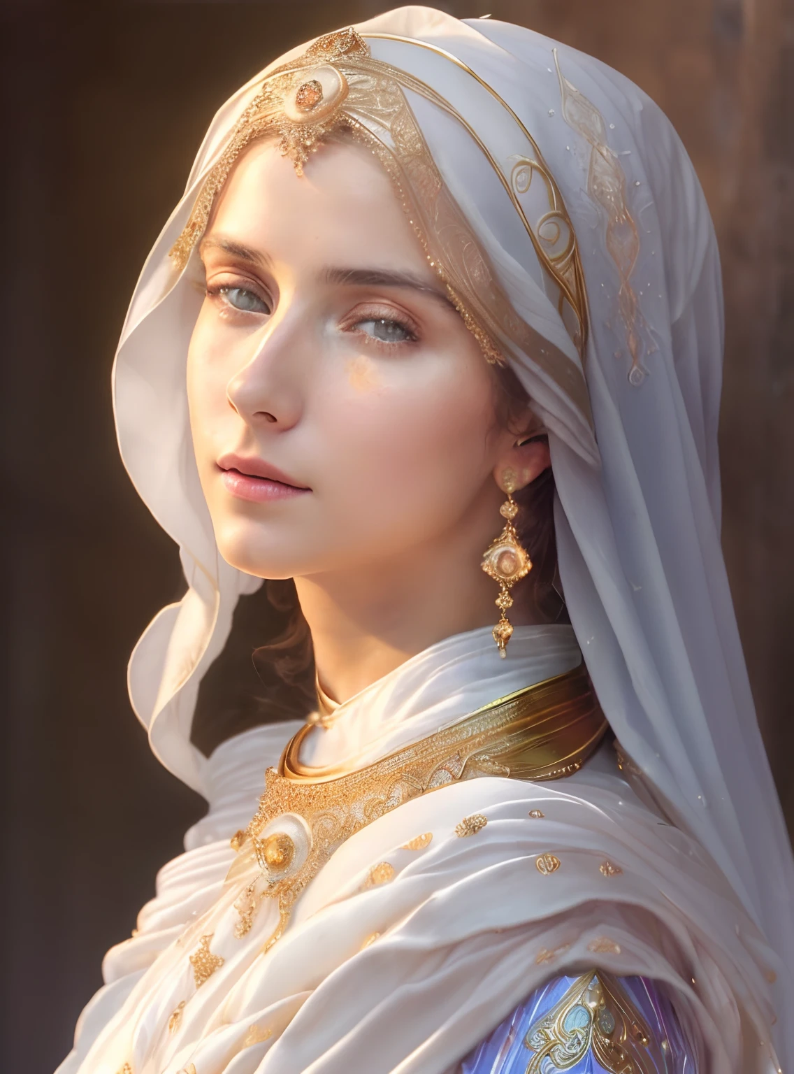 (((Blessed Virgin Mary. 19 years old))) (((IMAGEN VINTAGE RETRO))) ((( Con una cara seria y piadosa. Con una mirada dulce y tierna))) (obra maestra, calidad superior, mejor calidad, arte oficial, beautiful and aesthetic: 1.2), (1girl), extremadamente detallado, (Arte fractal: 1.3), colorido, highest detailed, Cara perfecta, parte superior del cuerpo, HDR, (orando: 1.3), (golden lines of white coat: 1.2), galaxia, (rayas de luz), eye-catching visuals, (dynamic stripes, senderos luminosos: 1.2), colores vibrantes,