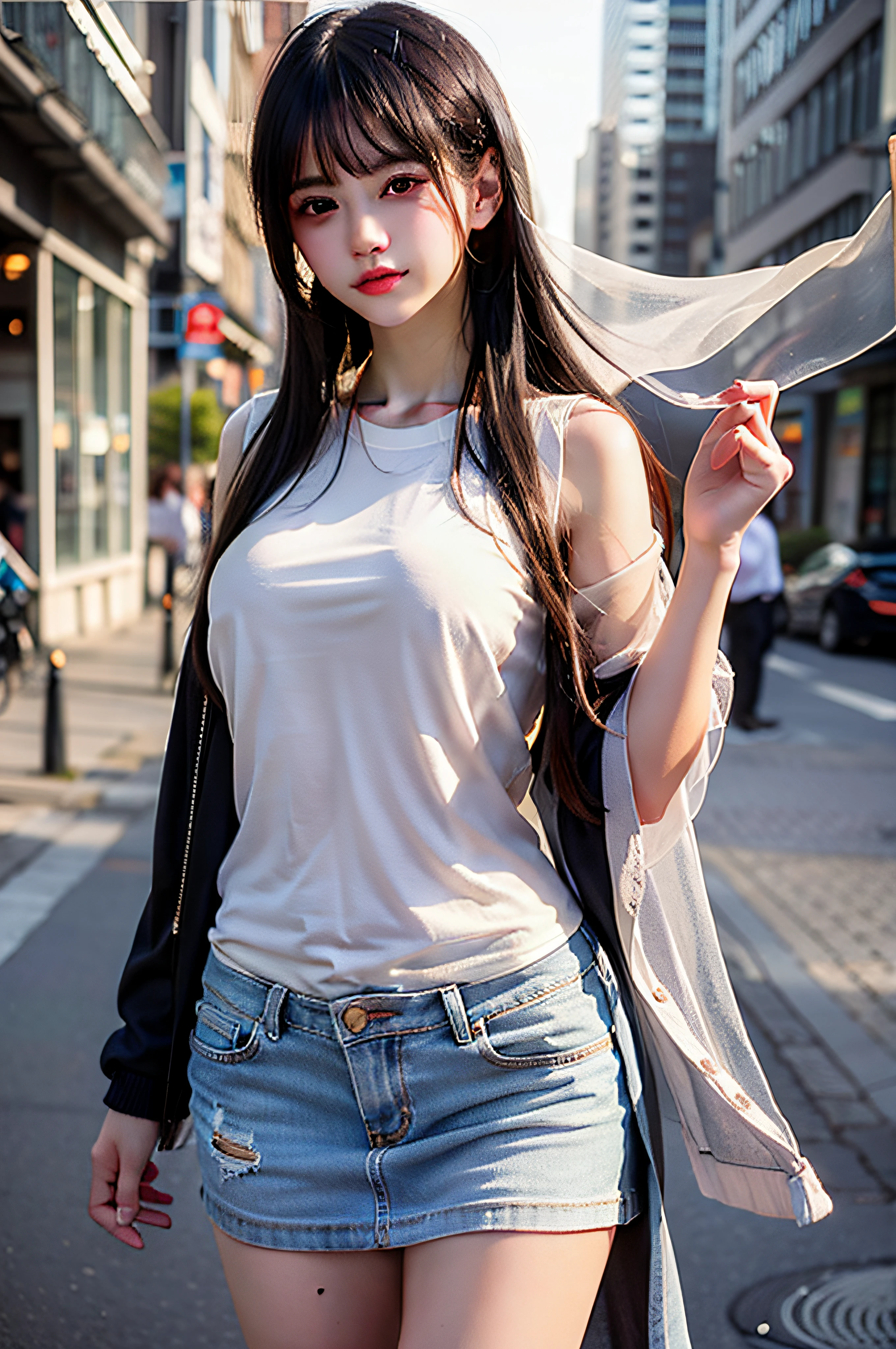 Young thin girl,Drooling hair,Dark brown hair,Urban street background,full bodyesbian,long leges,Beautiful body structure covered,Super detailed drawing, Impressively realistic photos,Translucent clothes,(Casual hairstyle,:1.2), stunning elegant pose, see through clothes,Translucent maxi dress,Background bokeh,Goddess-like existence,Transparent skin,White top,short denim skirt