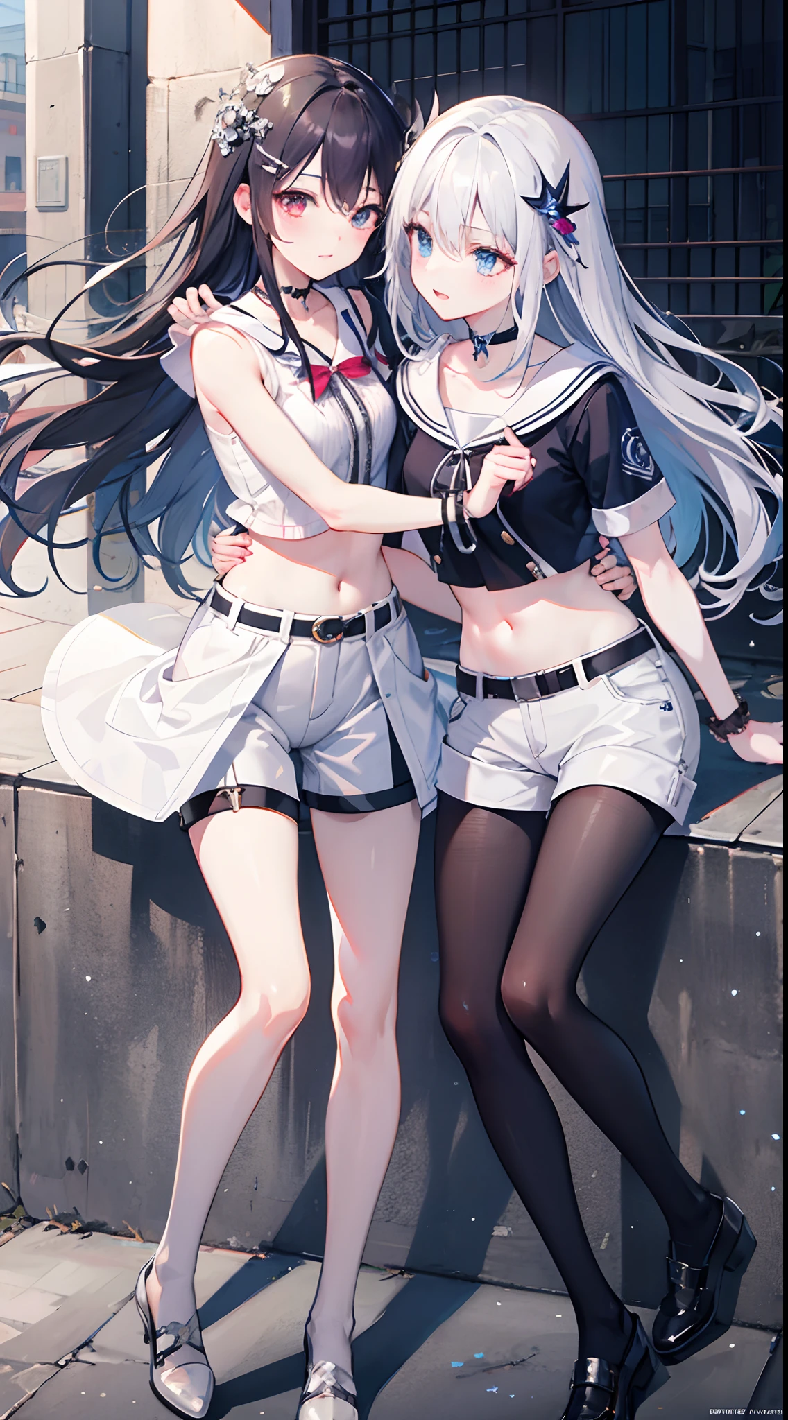 masterpiece,best quality,official art,extremely detailed CG unity 8k wallpaper, 2girls, adorable girl, yuri, hair ornament, short shorts, crop top, pantyhose, ribbon_choker, leg belt,