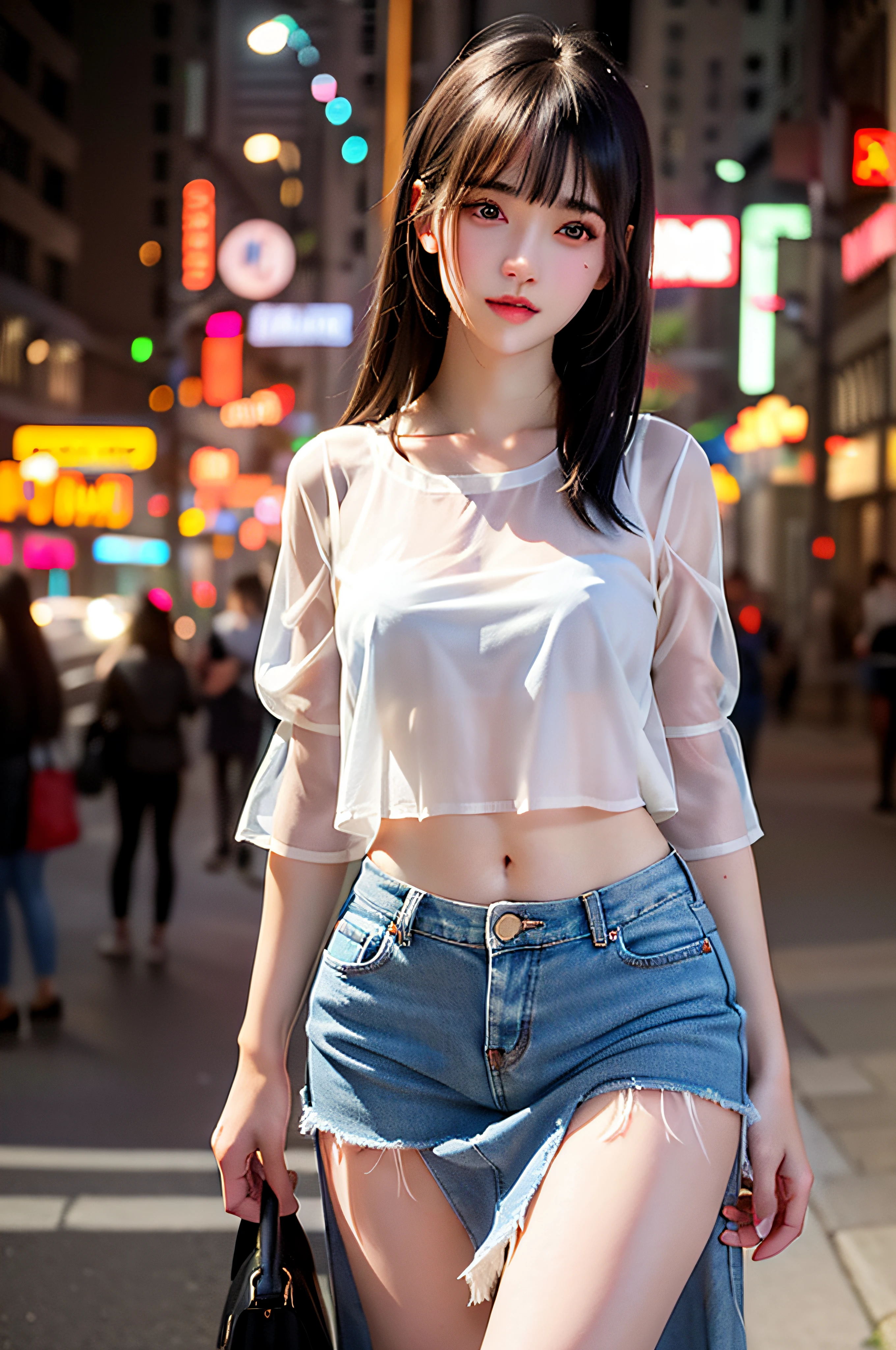 Young thin girl，Drooling hair，Dark brown hair，Urban street background，full bodyesbian，long leges，Beautiful body structure covered，Super detailed drawing， Impressively realistic photos，Translucent clothes，(Casual hairstyle,:1.2), stunning elegant pose, see through clothes，Translucent maxi dress，Background bokeh，Goddess-like existence，Transparent skin，White top，short denim skirt