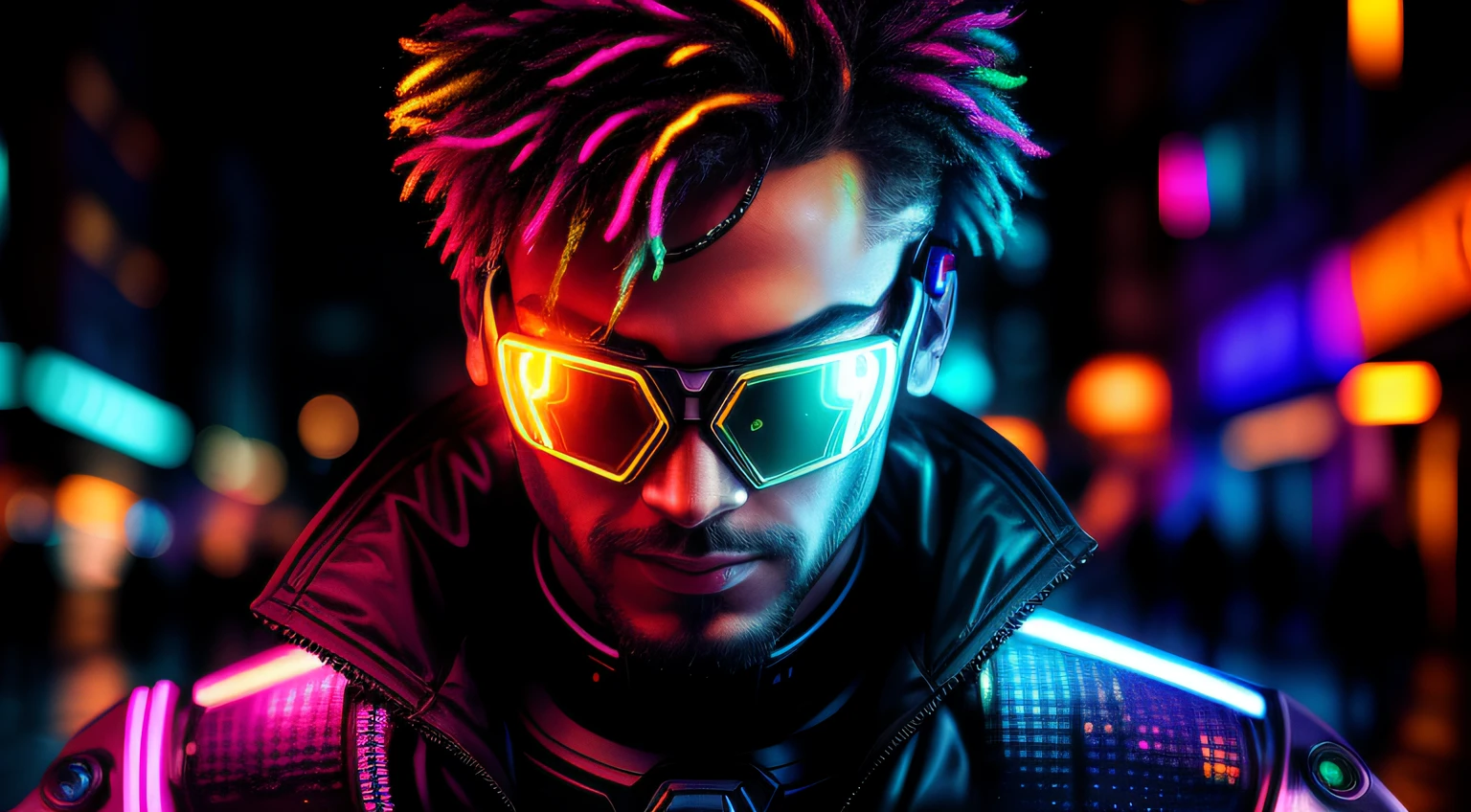 An award winning master piece photo of a cyborg man with psychedelic colors standing in a city street at night in the rain, wearing neon-colored glowing goggles, 8k, (high quality:1.1), (cinematic feeling:1.1), dark deep shadows, incredibly intricate detailing, art , (up close:1.1), from above, looking at viewer, (light sparkles:1.1), (chromatic aberration,:1.2) background with floating light artifacts