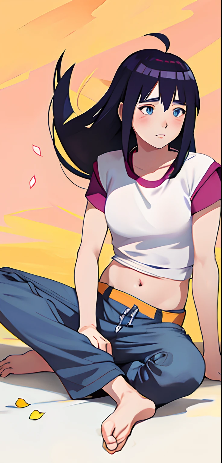 a cartoon of a girl sitting on the ground with a ball, hinata hyuga, hinata hyuga from naruto, sakura petals around her, her expression is solemn, blunt bangs, blue eyes, looking down, crop top, pants, coloured images