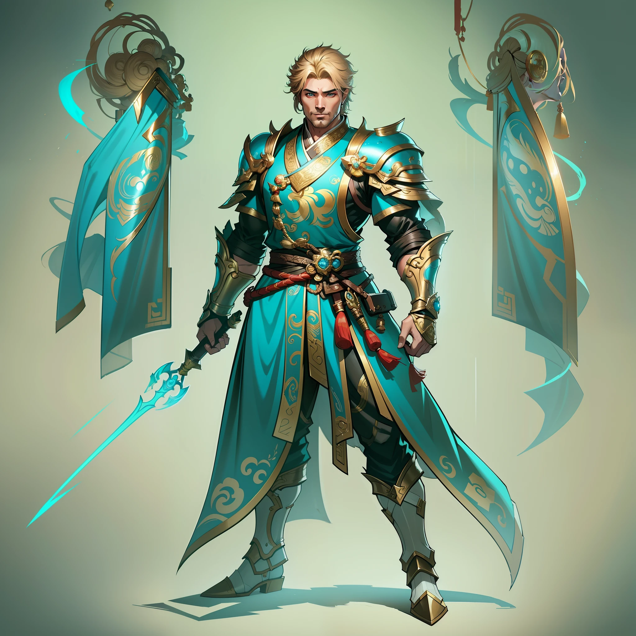 a close up of a strong man in his 30's, with hazel eyes and very short curly blonde hair, wearing a blue and teal fighter's outfit, a hero with hazel eyes, male barehanded fist fighter, mage with air magic, standing in a chinese temple, new costume concept design, in the style of blade and soul, full body character concept, detailed character design, inspired by Yang Jin, inspired by Li Mei-Shu, chinese costume, inspired by Lan Ying, inspired by Sim Sa-Jeong, inspired by Li Tang, lunar themed attire, costume with gold accents, inspired by Ju Lian, colored concept art, highly detailed character design, highly detailed face, inspired by Ai Xuan, very highly detailed face, unreal engine render, final fantasy 14 style, inspired by Leng Mei