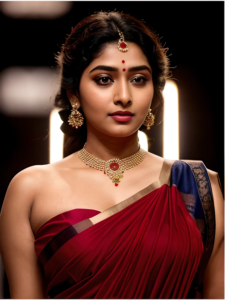 Best quality, High pixels, perfect face, perfect eyes, perfect hands, High clarity eyes, High quality hair, Looks like Indian Actress Anu Sithara, a close up of a woman in a red dress on a runway, inspired by Avigdor Arikha, sleek!!!, indian super model, wavy hair combed to one side, actress, by Jitish Kallat, smoldering, intense smoldering, fashion, an angel, print ready, with a dramatic looking, inspired by Sudip Roy, tense look