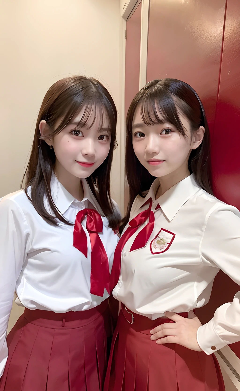 Two women in school uniforms pose for a group photo in front of the red wall, red velvet, inspired by Yanjun Cheng, JK school uniform, jaeyeon nam, wearing white clothes, two japanese schoolgirls posing, with a twin, white red, beautiful gemini twins portrait, in school uniform, seifuku, Official artwork, Red Uniform, White uniform