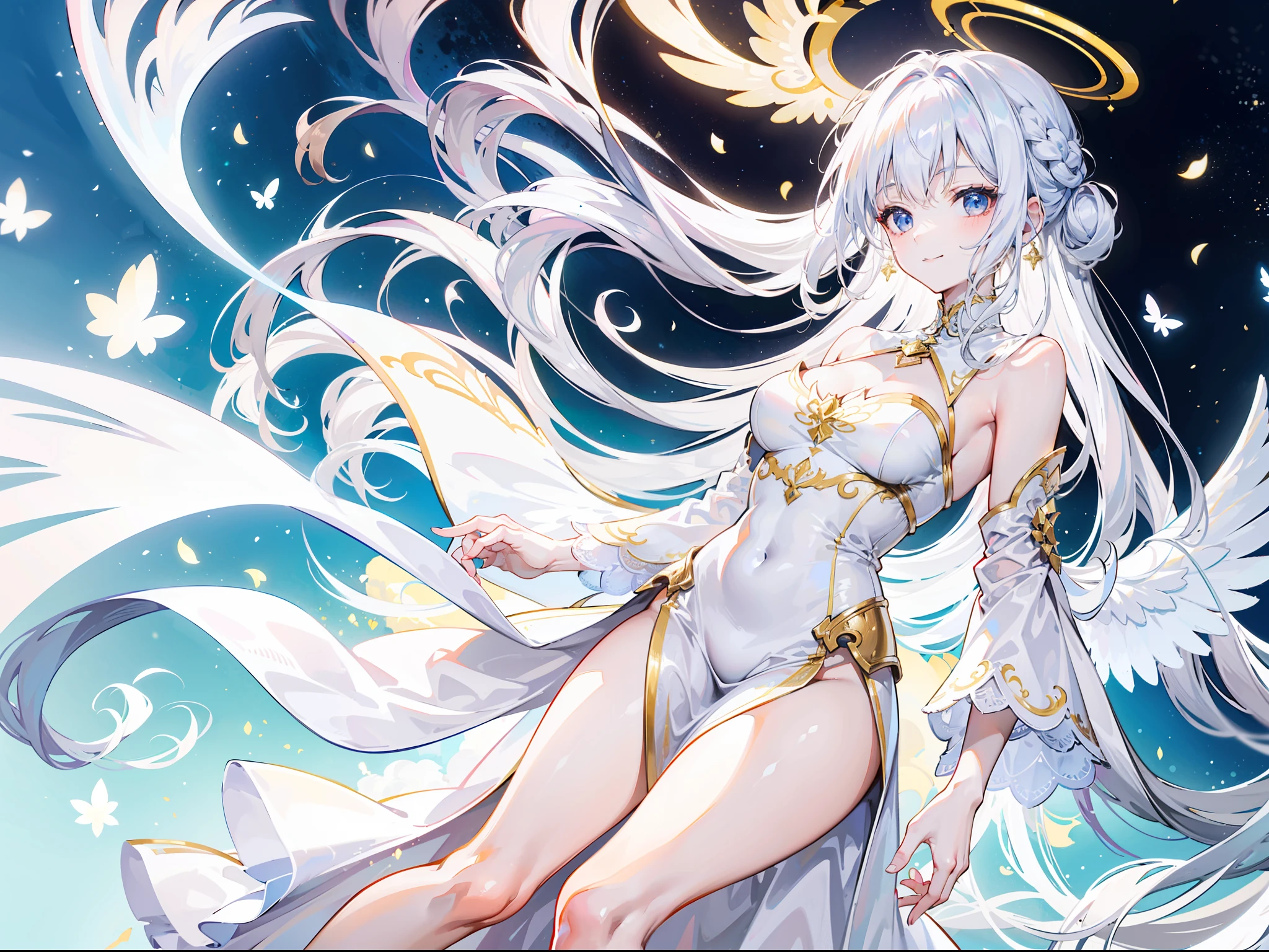 Beautiful girl with white hair,angelicales,Wearing a plain white dress,There is a halo on the top of the head,french braid,long whitr hair,Stand in a golden wonderland,There is only one wing behind him,Tall and tall,Slim figure,With a smile,faeries,Bare legged。Wear a gold ankle ring on your ankle