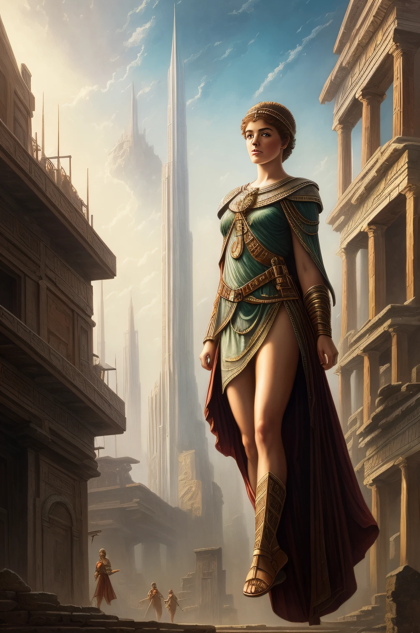 A high-Resolution Hyper detailed Full body drawing of an attractive young woman resembling Sophia Lillis, with short hair, dressed in a hyper-detailed Ultra short and low cut Ancient Greek tunic, Full body portrait in the style of Frank Frazetta, Bruce Pennington, aND DOUGLAS BECKMAN on the street a futuristic Sci-Fi city with a mix of modern and ancient buildings