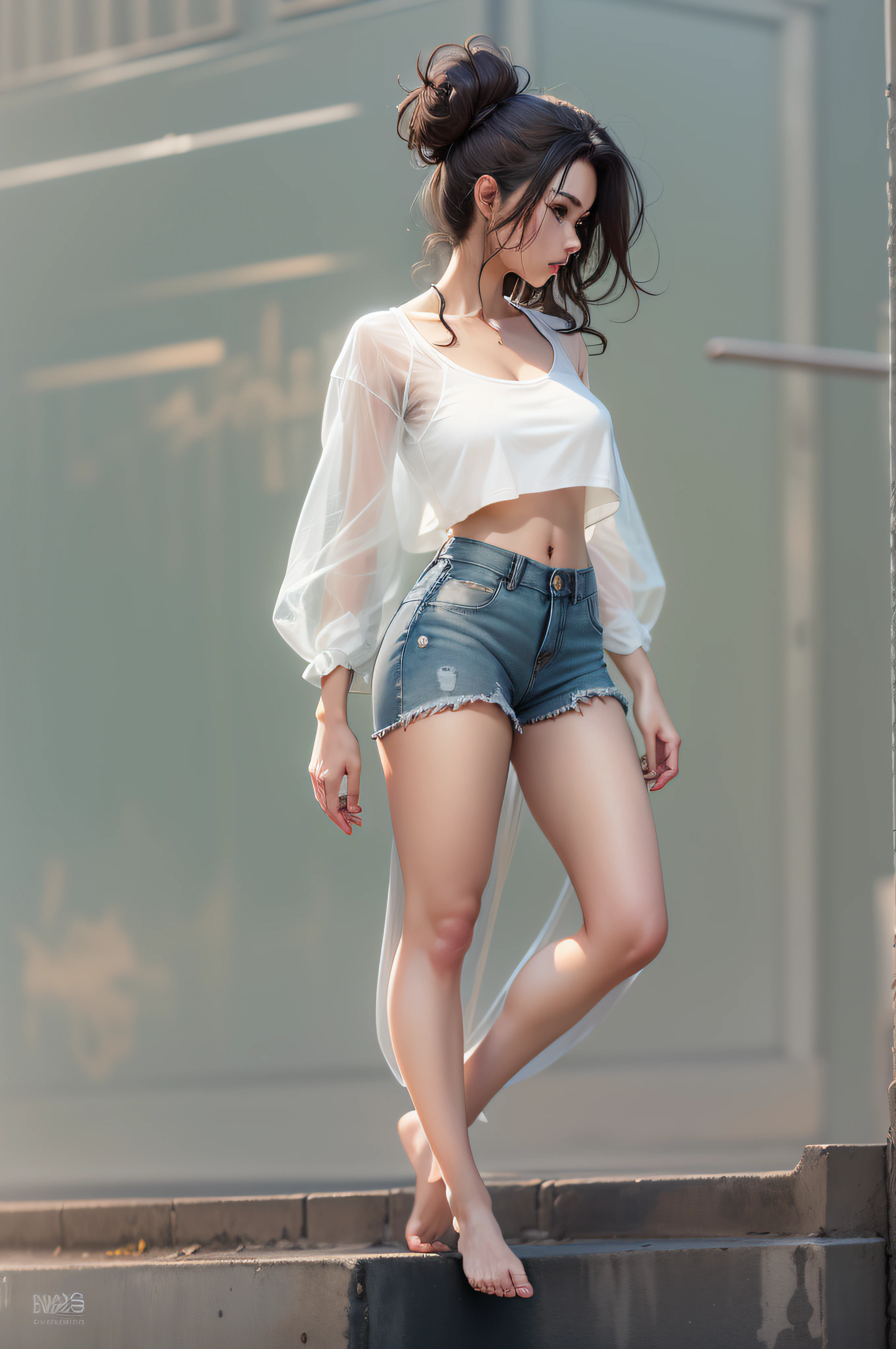 Young thin girl,Drooling hair,Dark brown hair,Urban street background,full bodyesbian,long leges,Beautiful body structure covered,Super detailed drawing, Impressively realistic photos,Translucent clothes,(Casual hairstyle,:1.2), stunning elegant pose, see through clothes,Translucent maxi dress,Background bokeh,Goddess-like existence,Transparent skin,White top,short denim skirt