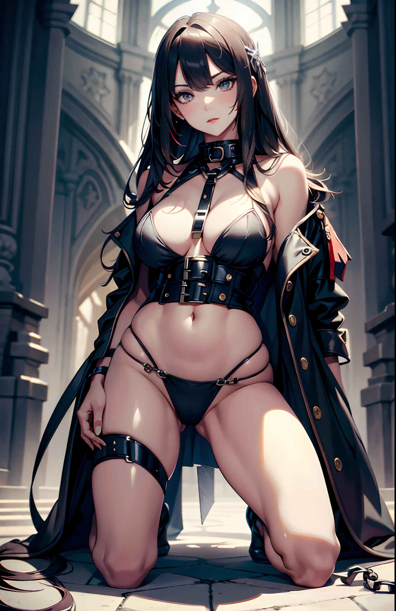 best qualityer，tmasterpiece，Ultimate resolution，downy，Extremely colorful，mature pretty woman，（Kneeling pose）（Point at you with your ass），Upper body nudity，（Guillotine，decapitation），Beauty severed head，Normal posture，Redlip，shackle，guillotine，behead，Collar，handcuff，Anklets，Normal posture