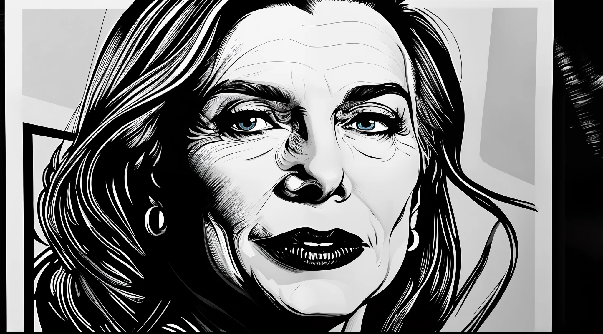 altamente detalhado, belo retrato (caricatural) de maryl strep, Black and white cinematic lighting, lighting dramatic, illustration by vector_art, oil-painting, acrylic painting, CGSociety, ArtStation, (hiperrealismo), (fotorrealismo), arte de Greg Rutkowski e Frank Frazetta, artstation, pintura com cores vivas, alto contraste, hiper-realismo, fotografia de retrato fotorrealista detalhada, fundo branco, ((arte de linha detalhada)), hand-drawn digital painting, estilo de arte de andy warhol