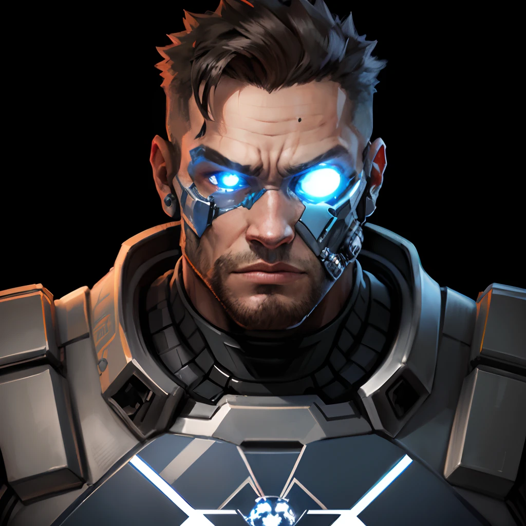 Terminator style robot with very strong blue eyes tall with serious face mixed with muscular stormtroppers semi human humanoid face with big logo on chest written EXPO ISA