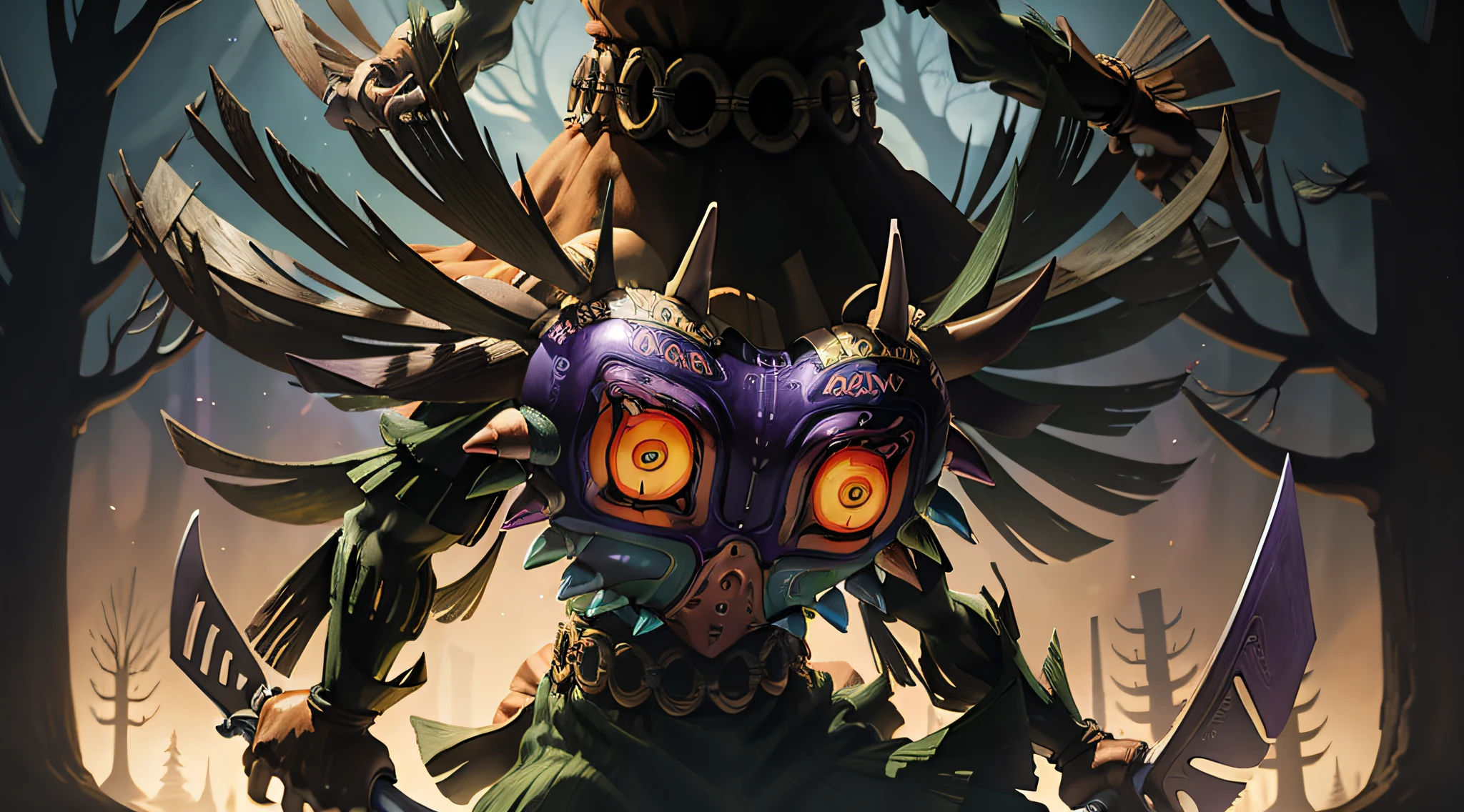 majoras mask style fierce deity holding his sword, facing camera, faint glow, Skull kid peeking out side of view, forest background, (tall trees1, dark forest1.2)