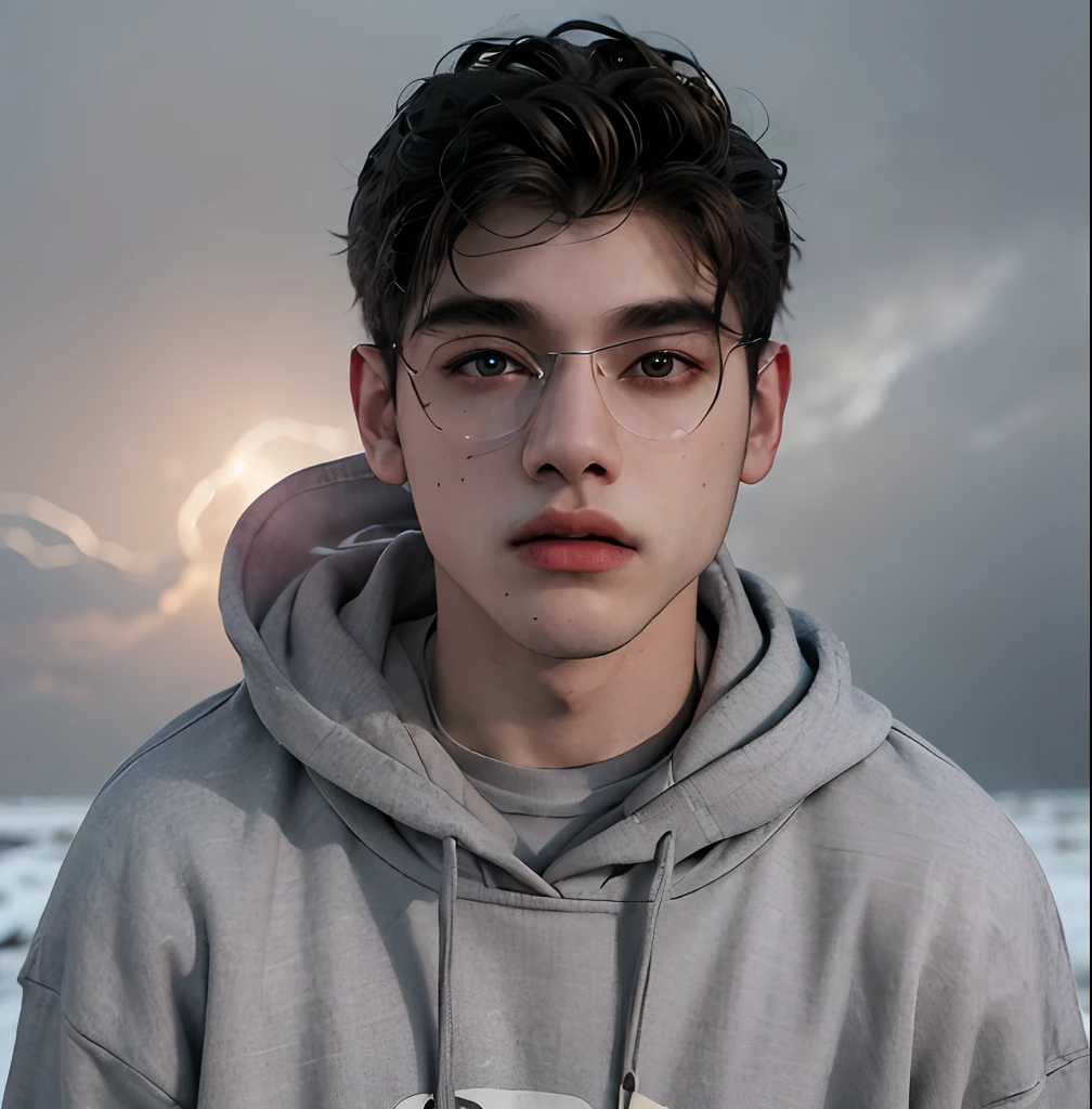 (masterpiece:1.2), (best quality:1.2), hyper realistic,highestres,absurdres,extremely detailed,volumetic,dramatic lighting,(frontal view),
20 year old boy,face,detailed eyes, grey hoodie, black t-shirt, with background ((sky))