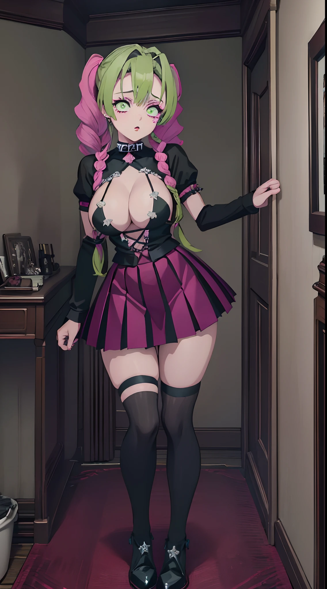 punk, 1girl, solo, Mitsuri Kanroji, dark pink makeup, black lips, breasts, looking at viewer, skirt, large breasts, pink and green hair, long hair, twin ponytails, sexy attire, jewelry, ass, earrings, miniskirt, piercing, spikes, spiked collar, fingerless gloves, room, dark decorate room, in night, masterpiece, best quality, highly detailed