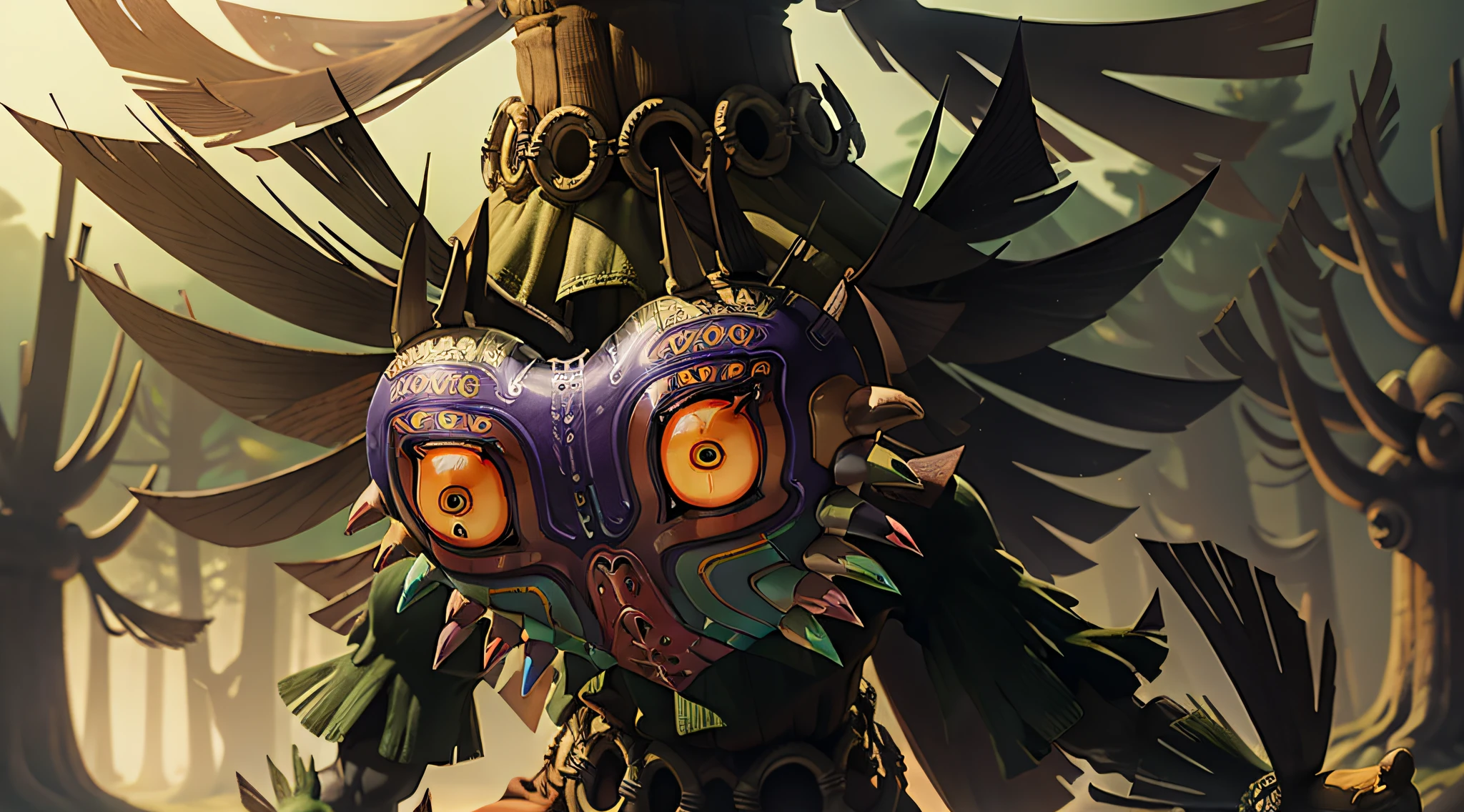 majoras mask style fierce deity holding his sword, facing camera, faint glow, Skull kid peeking out side of view, forest background, (tall trees1, dark forest1.2)