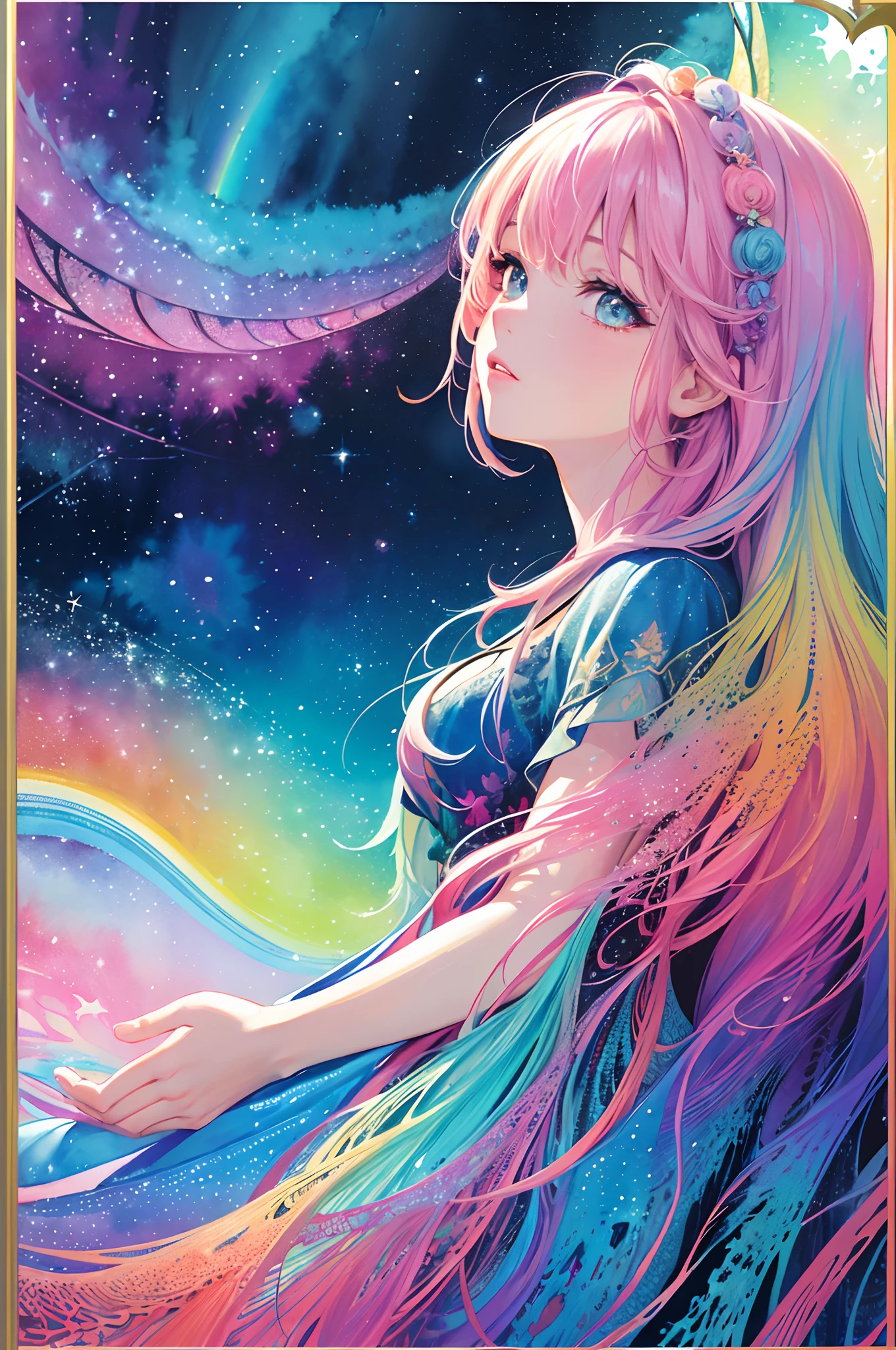 (masterpiece, top quality, best quality,watercolor (medium),official art, beautiful and aesthetic:1.2),(1girl:1.3), (fractal art:1.3),upper body, from side, looking at viewer,patterns,(rainbow color Hair,colorful hair,half blue and half pink hair:1.2),water,liquid, cloud,colorful, starry,stars,