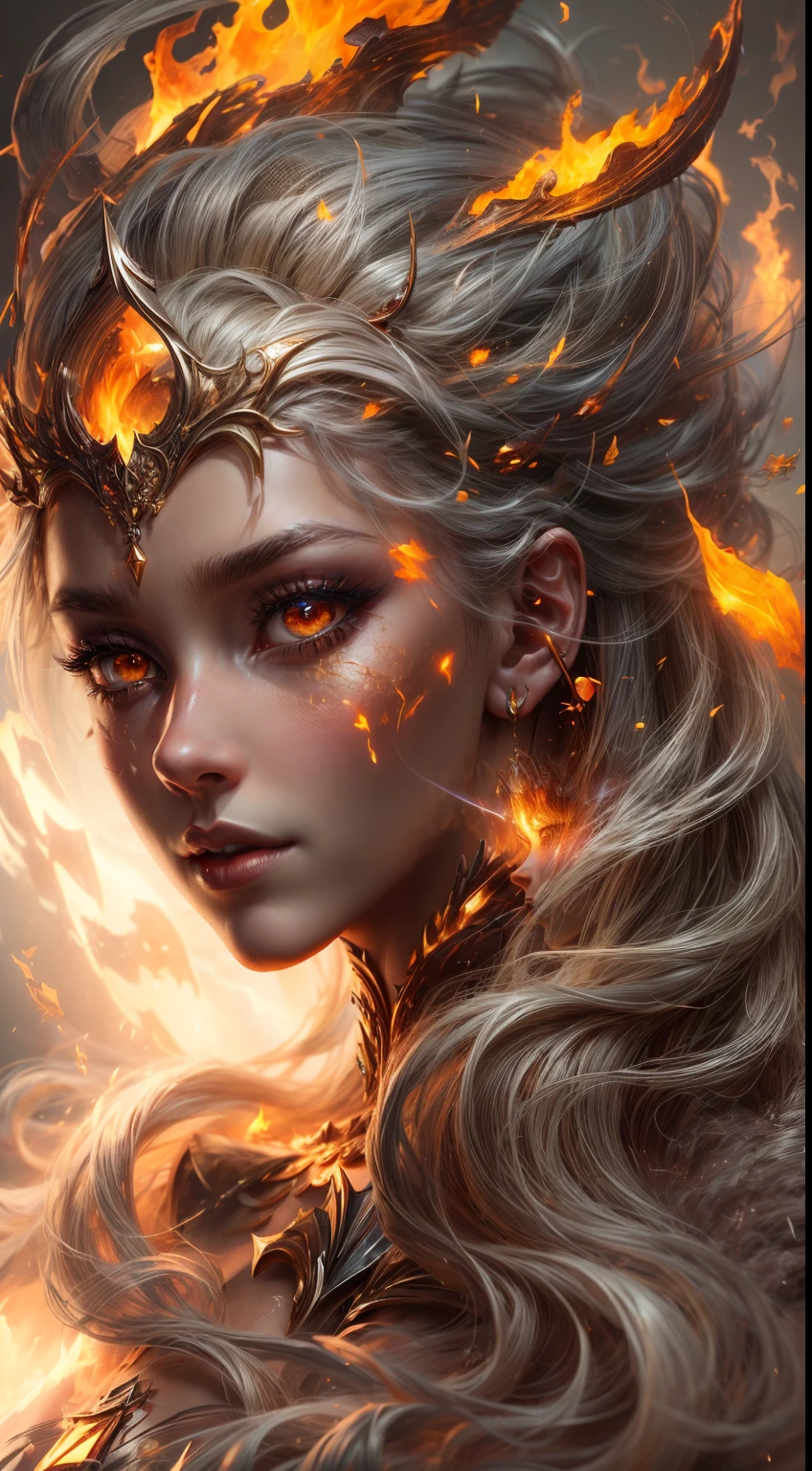 This is a realistic fantasy artwork prominently featuring realistic fire, including wisps of flames, glowing hot embers, subtle curls of smoke, and a beautiful fire druid. The druid stands in the midst of a raging inferno with an interesting composition. Her face is expertly sculpted, with elegant and refined features and perfect shading and realistic skin texture. Her (orange and gold eyes) are stunning and are the focal point of this image. (Her eyes extremely detailed, beautiful detailed eyes, and macro). Her eyes feature intricate detailing with clearly defined irises and bright sclera. Her soft lips are smooth and very puffy, and her skin is adorned with a light flush and ornate fire detailing. Her long gown is stunning and expensive, and is made of pure flames and glittering, ornate jewels that glimmer in the fire light. Her billowing gown glitters from the flames and features a delicately and intricately embroidered bodice with wisps of flames running across it. Include fantasy elements like bumps, stones, fiery iridescence, glowing embers, silk, and an interesting background. Include fiery magical creatures such as fiery birds and fiery butterflies that give off a magical and mystical aura. Lighting: Utilize the latest trends in lighting to enhance the artwork's beauty. Camera: Utilize dynamic composition to create a sense of urgency and excitement. Take inspiration from the current masters of the fantasy genre, including trending artists on Artstation and Midjourney. ((masterpiece))