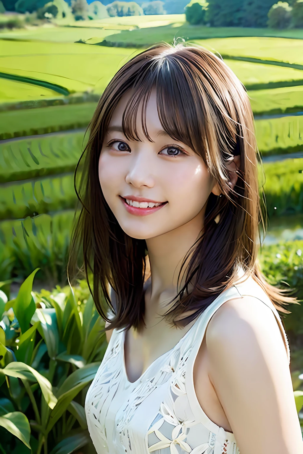 (8K、Raw photography、top-quality、​masterpiece:1.2)、(realisitic、Photorealsitic:1.37)、ultra-detailliert、超A high resolution、女の子1人、see the beholder、beautifull detailed face、Bright smile、Summer season、White dress、Beautiful detailed skin、Skin Texture、floated hair、profetional lighting、Landscape of rice fields、highres photograph、camera　Sony a7C、FE 35mm f1 key.4 GM、Focal length　35 mm、Shutter Speed　1/50、Aperture　F1.4、.ISO　100