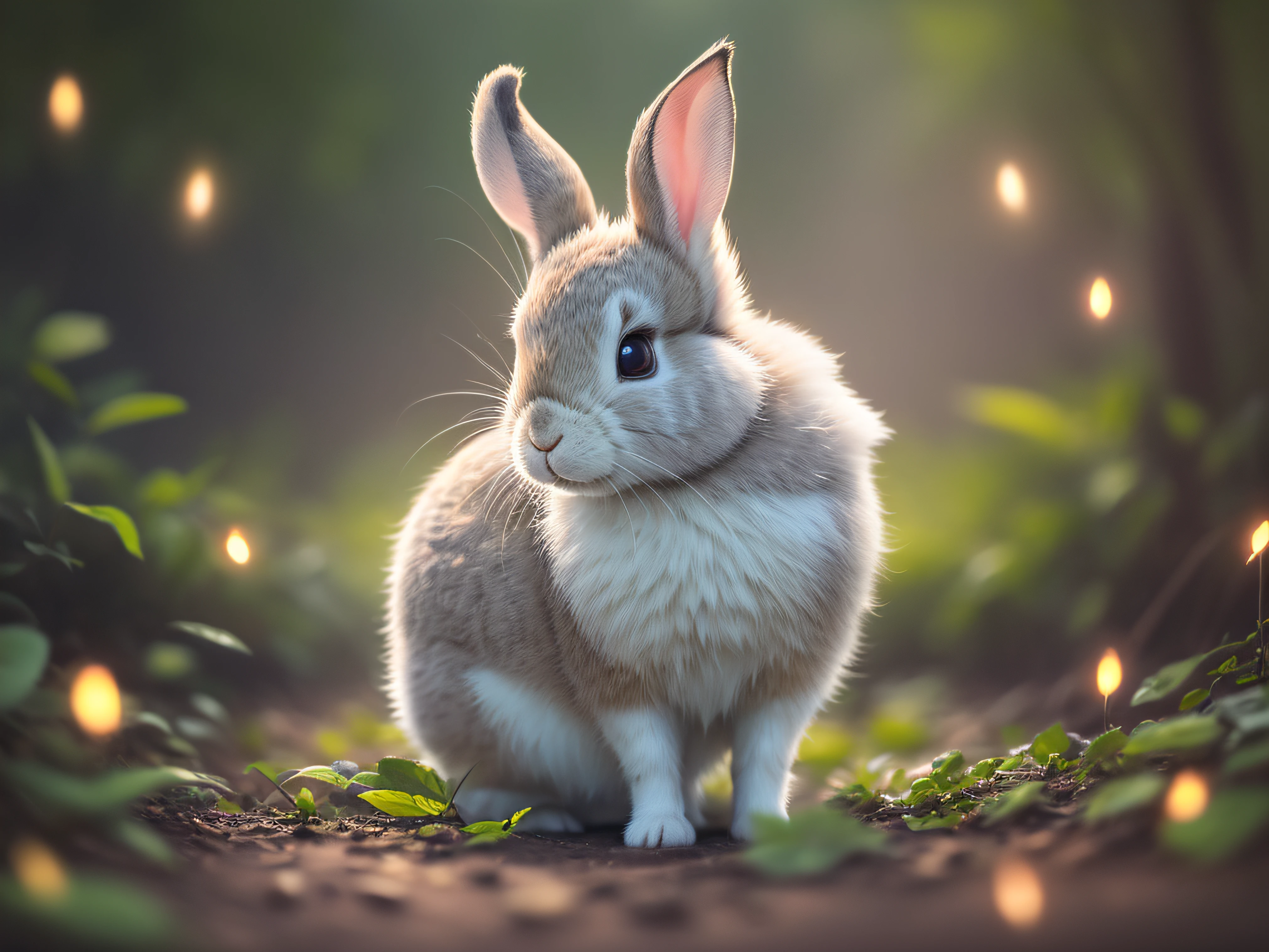 Close up photo of a rabbit in enchanted forest, clean background, depth of field, large aperture, photography, night, fireflies, volumetric fog, halo, bloom, dramatic atmosphere, center, rule of thirds, 200mm 1.4f macro shot