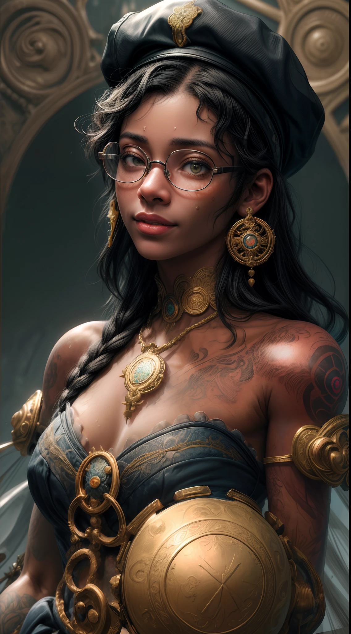 Retrato de uma jovem afro-americana de 18 anos sorrindo, cabelo curto cacheado, tatuagens , olhos grandes azuis,boca carnuda com batom vermelho, with the medallion on the neck,brinco, penetrante , seios grandes, sweaty skin with imperfections,Tatuada no rosto, ((wearing glasses)),( wearing a cap on his head)detalhes intricados ( 8k super realista)