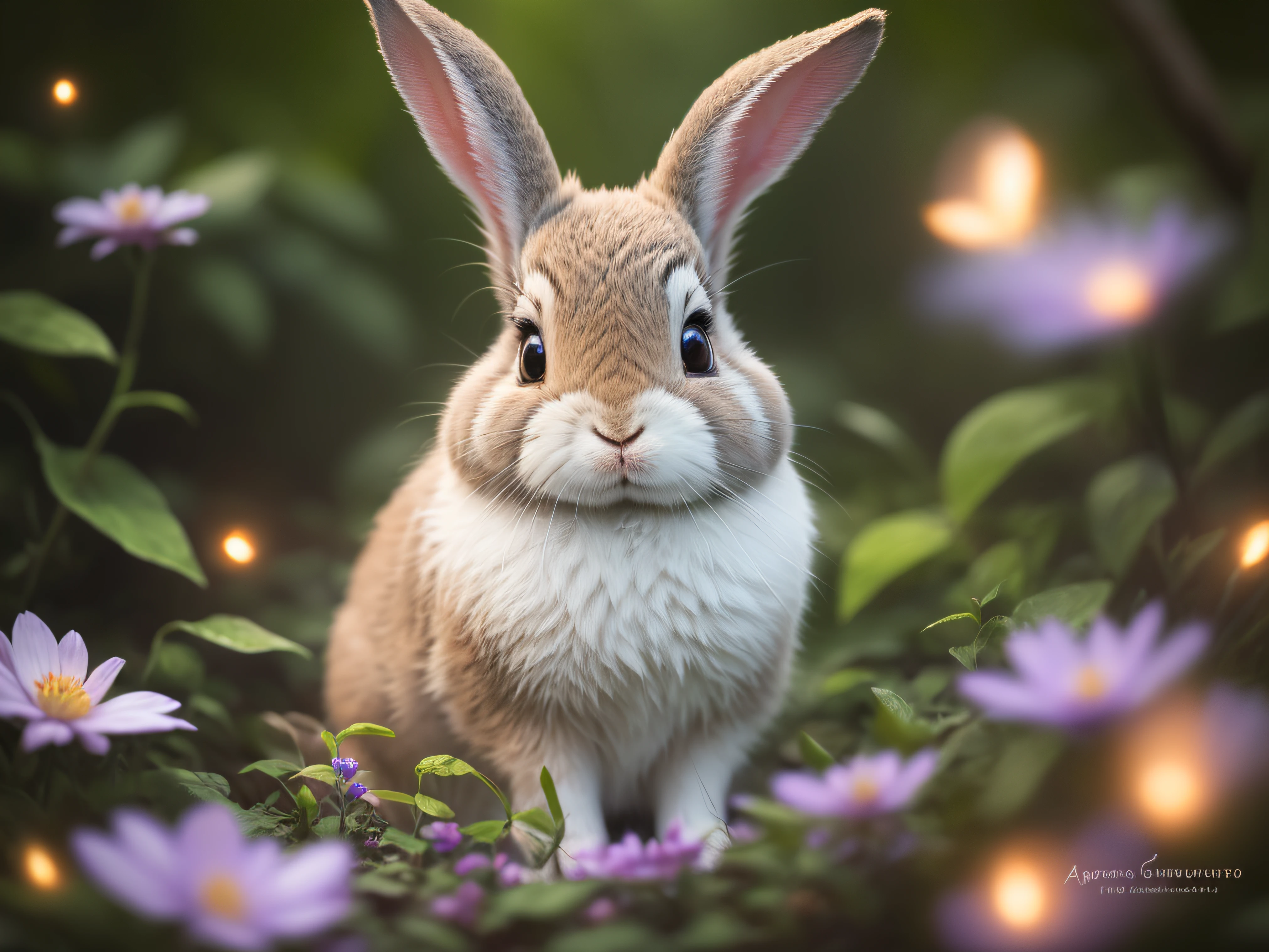 Close up photo of a rabbit in enchanted forest, clean background, depth of field, large aperture, photography, night, fireflies, volumetric fog, halo, bloom, dramatic atmosphere, center, rule of thirds, 200mm 1.4f macro shot