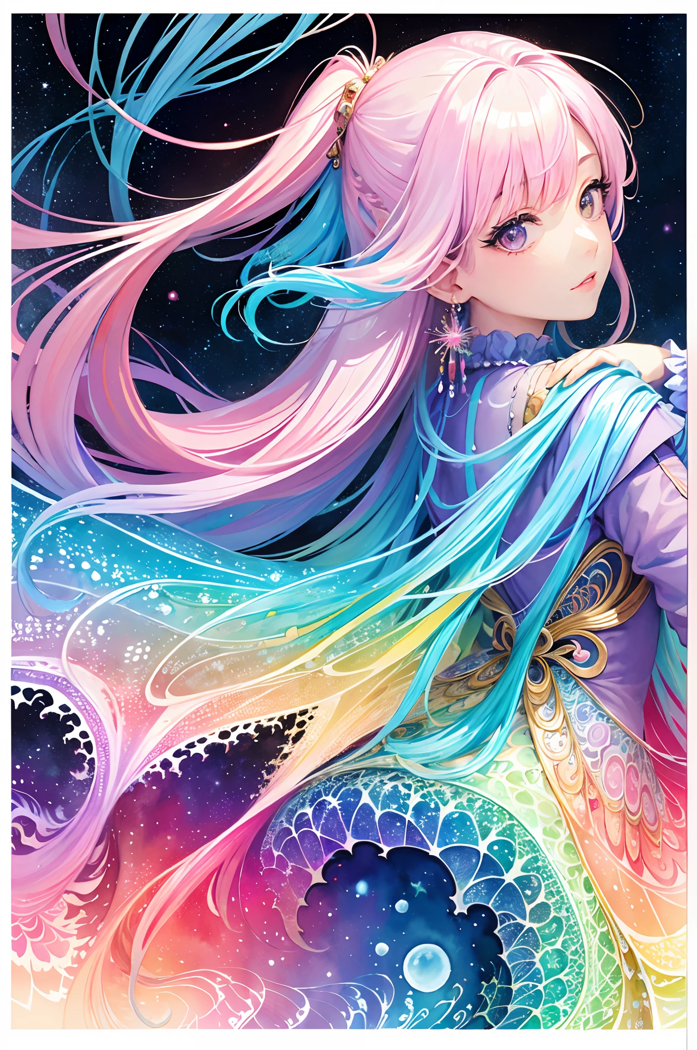(masterpiece, top quality, best quality,watercolor (medium),official art, beautiful and aesthetic:1.2),(1girl:1.3), (fractal art:1.3),upper body, from side, looking at viewer,patterns,(rainbow color Hair,colorful hair,half blue and half pink hair:1.2),water,liquid, cloud,colorful, starry,stars,