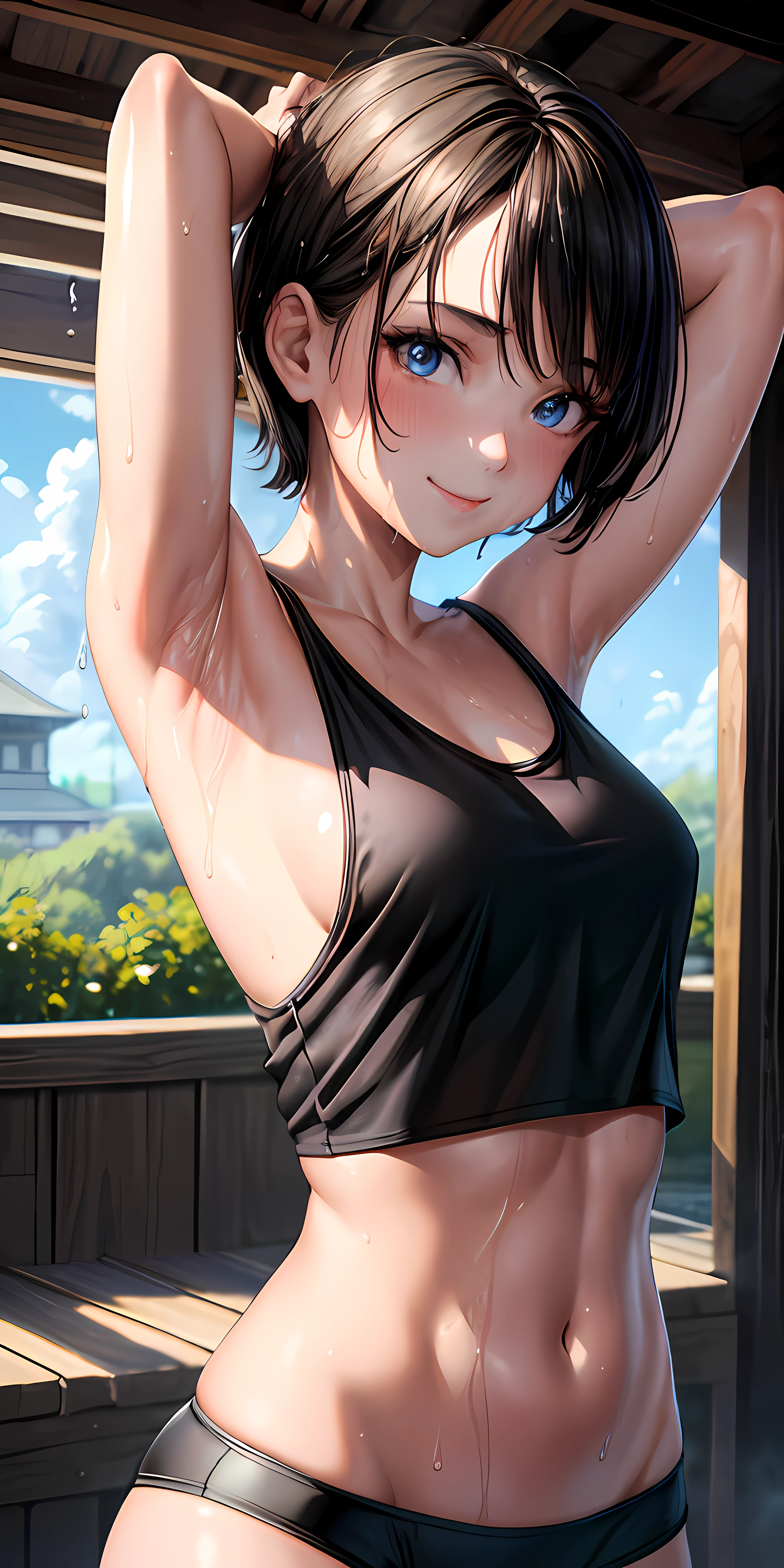 ((masterpiece, highest quality, High resolution, Hmm, Pixel perfect, Depth of written boundary, 4k, RTX, HDR))), 1 Girl, single, alone, Beautiful Anime Girls, , Beautiful art style, Sunburned skin, anime character,,(Black hair,,Low twin tails:1.5),,(Black Eye:1.4, Narrow eyes, (Smooth texture:0.75, Realistic texture:0.65, Realistic:1.1, Anime CG Style), Medium breast, (Dynamic Angle, Dynamic pose:1.4, Watching the audience), Perfect body ,(Black Tube Top), mini skirt, smile, Sunburned skin,