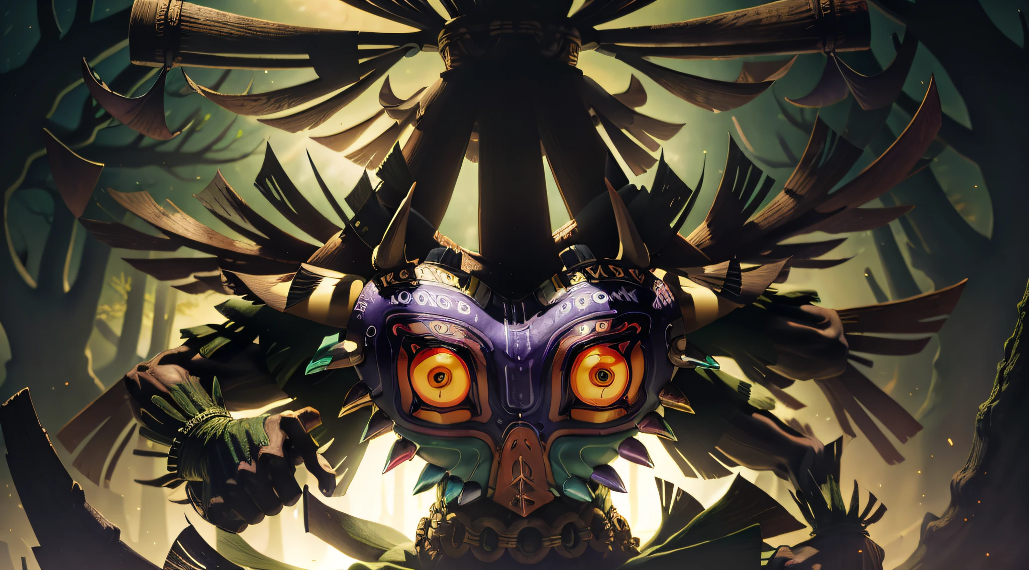 majoras mask style fierce deity holding his sword, facing camera, faint glow, Skull kid peeking out side of view, forest background, (tall trees1, dark forest1.2), perfect image, ray tracing, masterpiece, ultra realistic