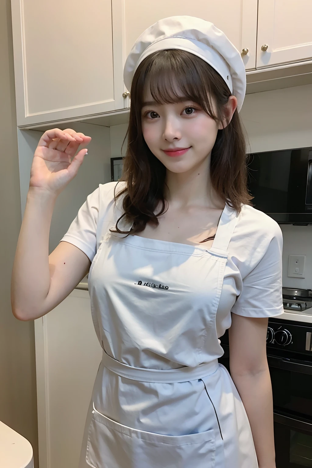 A woman who cooks、(Kitchen_aprons:1.Wear 3)、nice hand、4K、A high resolution、tmasterpiece、top-quality、wear cap:1.3、((hasselblad photograph))、Fine skin、foco nítido、(lighting like a movie)、Soft lighting、dynamic ungle、[:(详细的脸:1.2):0.2]、Medium chest、sweat pouring down the skin:1.2、(((In the kitchen))) A smile　Viewer's perspective　huge tit