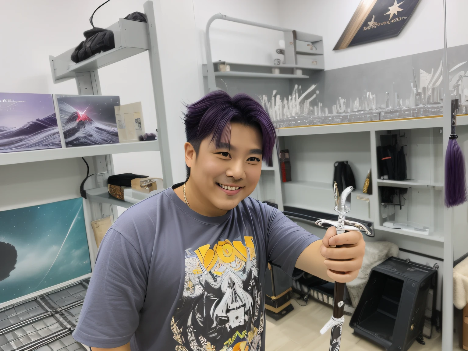 (((tmasterpiece)))、(((top-quality)))、((ultra - detailed))、、A smile、long whitr hair、Light purple hair、strong winds、In nature、Holding a sword in his hand、komono、long sword、battlefiled、Star chip、Overlord、Strong