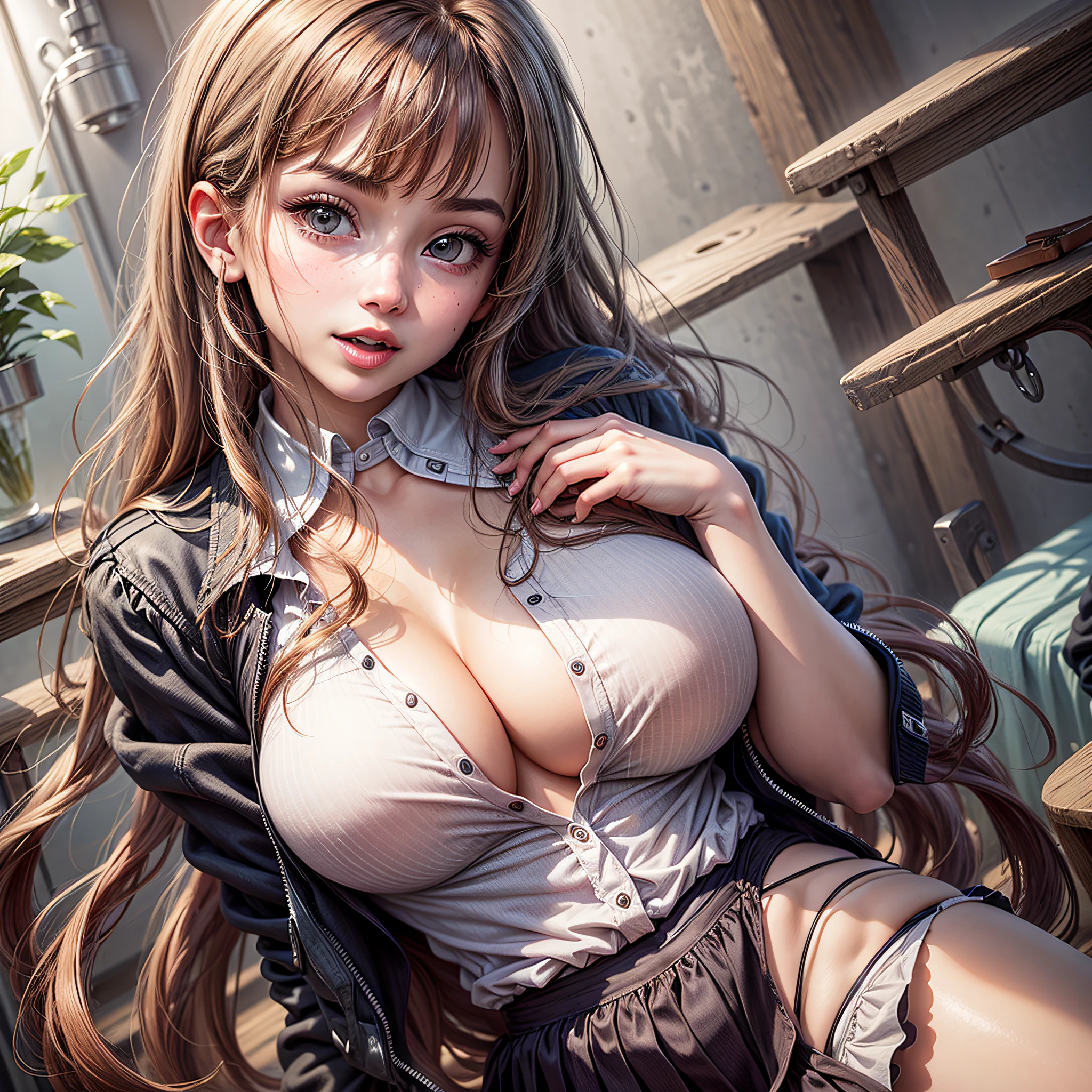 (2young girls:1.3), Supreme cuteness, Super beautiful detailed face, Highest Quality, Highest image quality, Top resolution, RAW Photos, Realistic, Photorealsitic, ultra detailed and beautiful, highest details, Beautiful fair skin and luster, Beautiful big eyes, Gloss on lips, Straight hair blown by the wind, Slender body, (Beautiful breasts:1.3), Open mouth slightly, Cute smile, (High school uniform with wide open chest:1.4), (Exposing your chest:1.3), portrait of cute girl, indoors, school stairs,