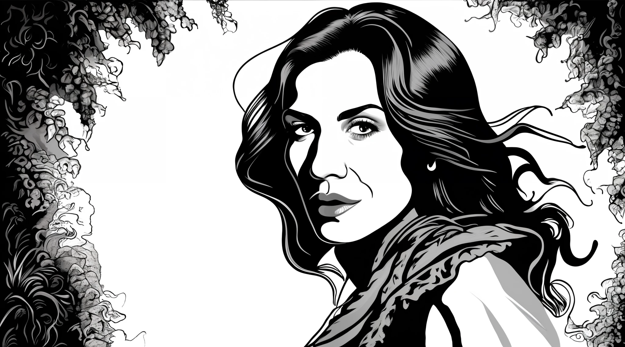 altamente detalhado, belo retrato (caricatural) uma mulher sombria, cinematic lighthing, Dramatic black and white lighting, illustration by vector_arte, oil-painting, acrylic painting, CGSetnation, Artee station, (Hiper-realismo), (renderizado), artee de Greg Rutkowski e Frank Frazetta, Artee station, pintura com cores vivas, Alto contraste, hiper-realismo, fotografia de retrato fotorrealista detalhada, fundo branco, ((artee de linha detalhada)), hand-drawn digital painting, Estilo de artee de Andy Warhol
