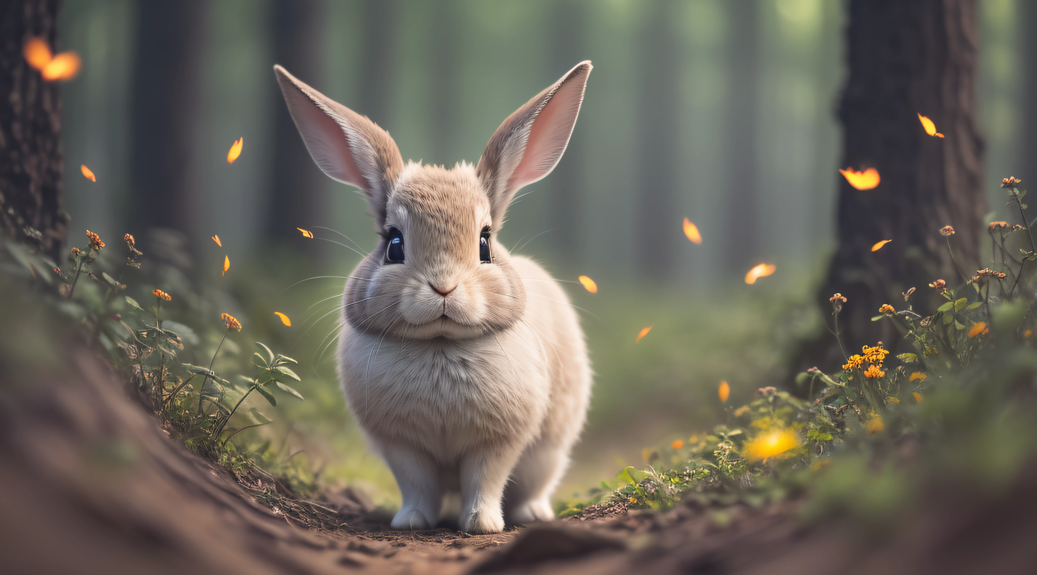 Close up photo of a rabbit in enchanted forest, clean background, depth of field, large aperture, photography, night, fireflies, volumetric fog, halo, bloom, dramatic atmosphere, center, rule of thirds, 200mm 1.4f macro shot