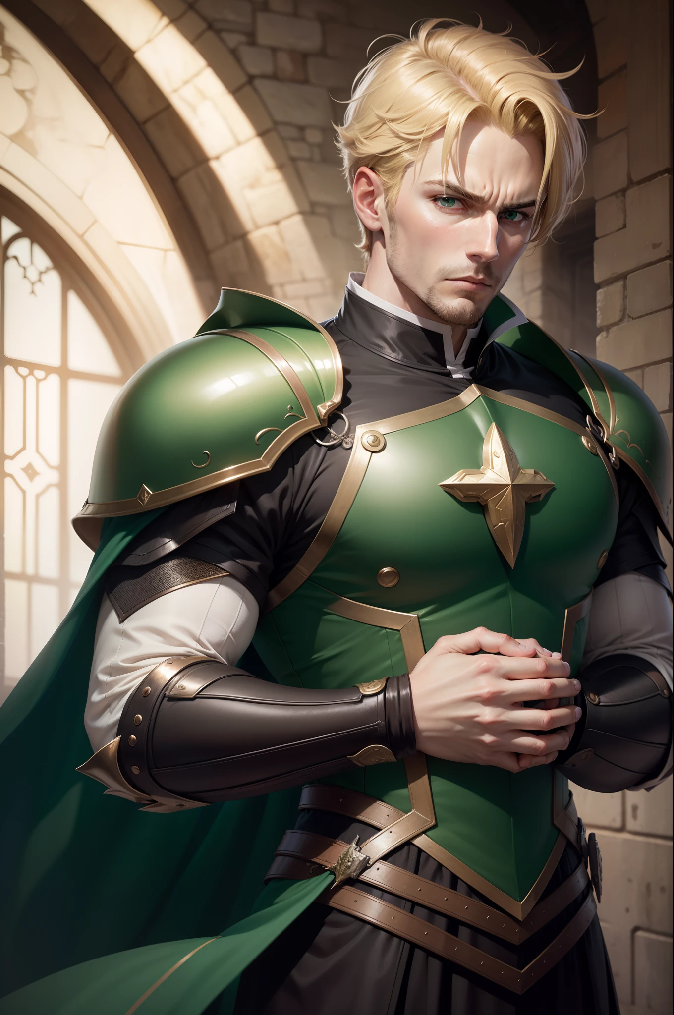 8k realistic image of a handsome, blond man with short hair, 35 years old, green eyes, strong, pensive expression, dressed in dark clerical clothes and with dark green rpg-style shoulder pads, arms raised protecting his face from a large glare, art anime style