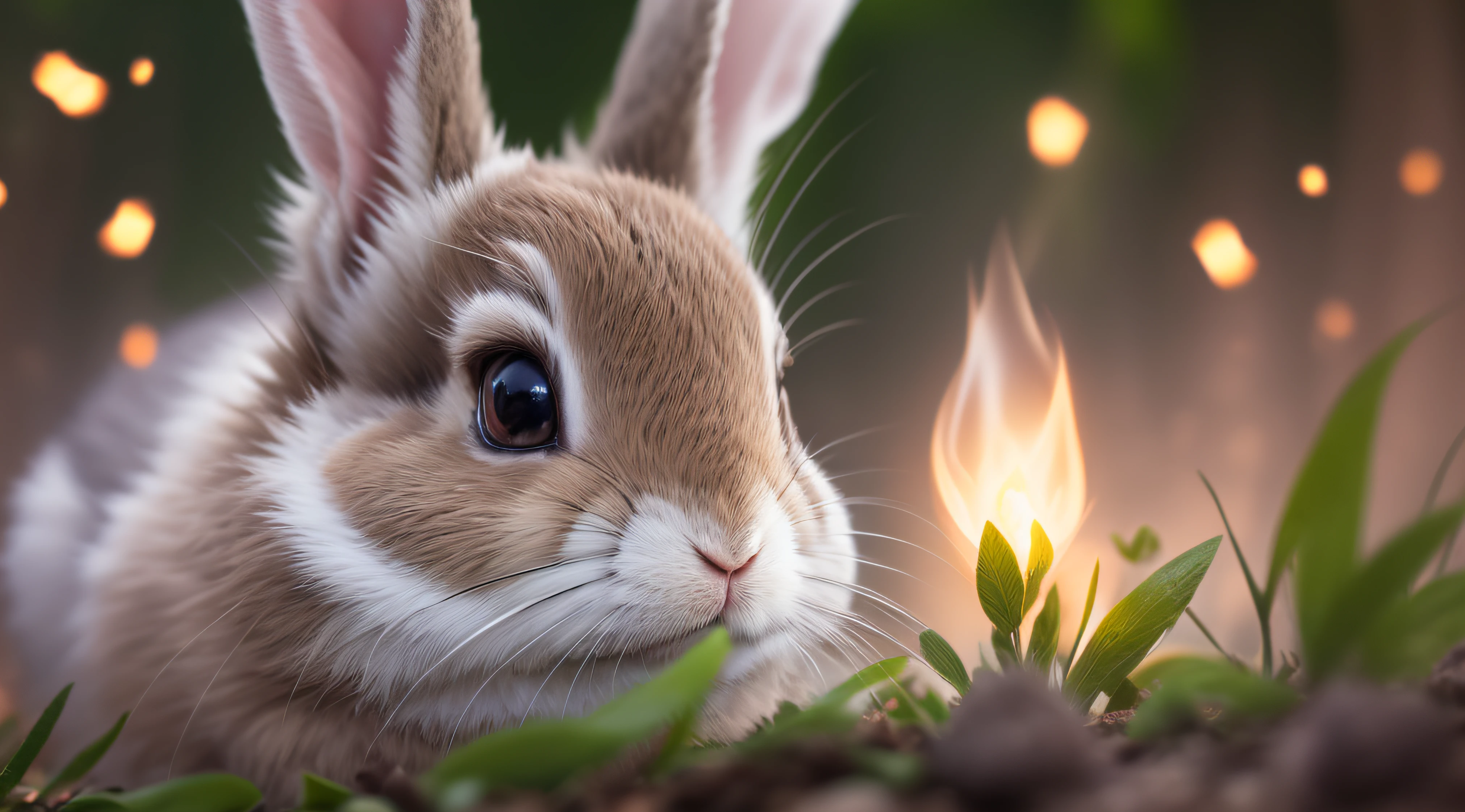 Close up photo of a rabbit in enchanted forest, clean background, depth of field, large aperture, photography, night, fireflies, volumetric fog, halo, bloom, dramatic atmosphere, center, rule of thirds, 200mm 1.4f macro shot