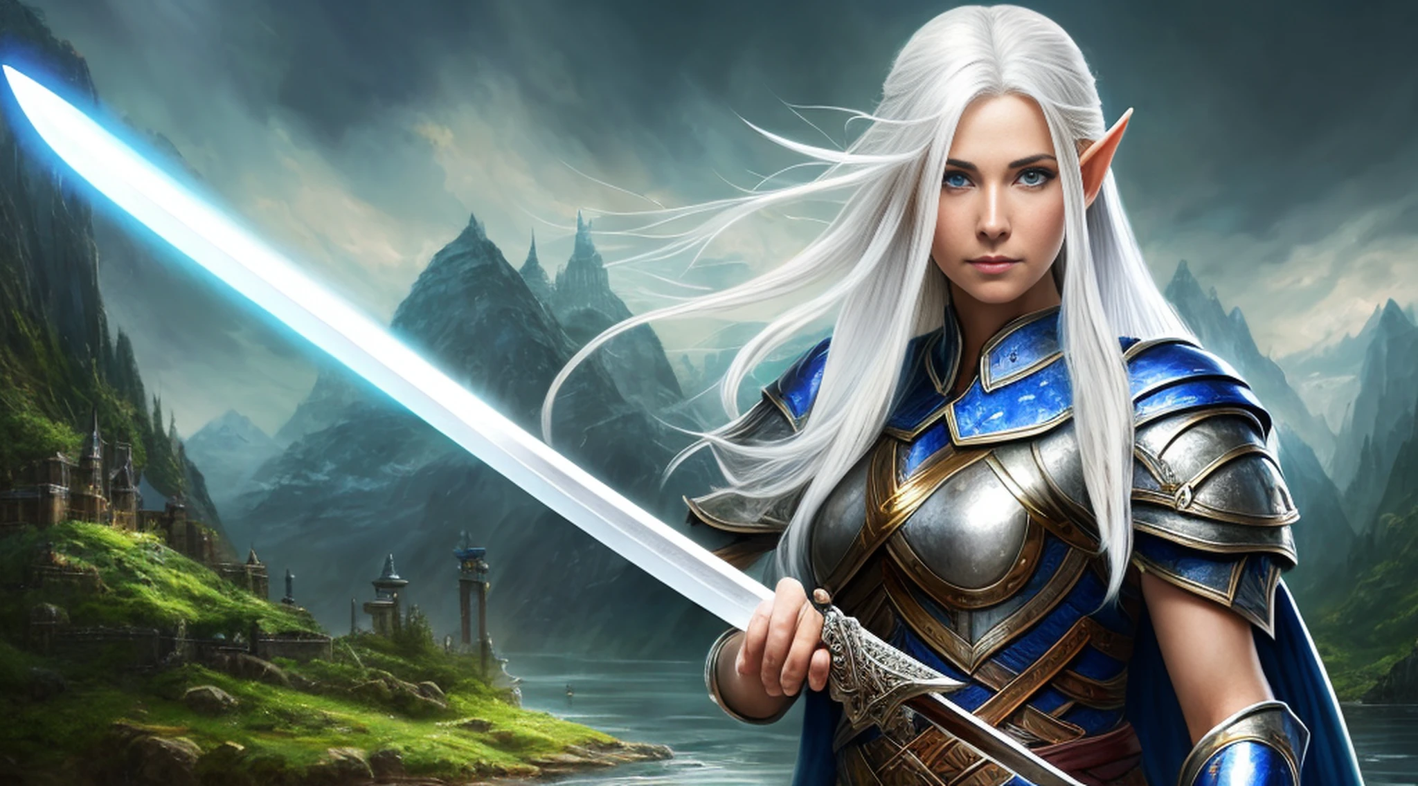 In a captivating image, A tall elf woman, with white hair, blue eyes, female face, (holding a sword and shield), in a landscape, water, (extremely detailed 8k CG unit wallpaper), most beautiful artworks in the world, majestic oil painting professional, intricate, high detail, sharp focus, dramatic and photorealistic painting art --auto