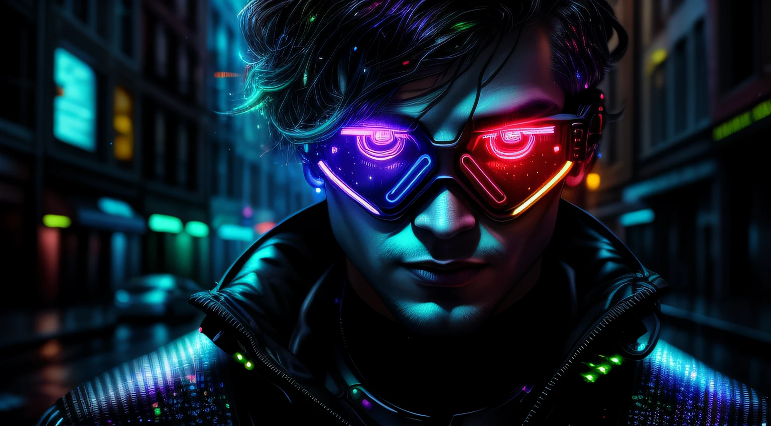 An award winning master piece photo of a cyborg man with psychedelic colors standing in a city street at night in the rain, wearing neon-colored glowing goggles, 8k, (high quality:1.1), (cinematic feeling:1.1), dark deep shadows, incredibly intricate detailing, art , (up close:1.1), from above, looking at viewer, (light sparkles:1.1), (chromatic aberration,:1.2) background with floating light artifacts