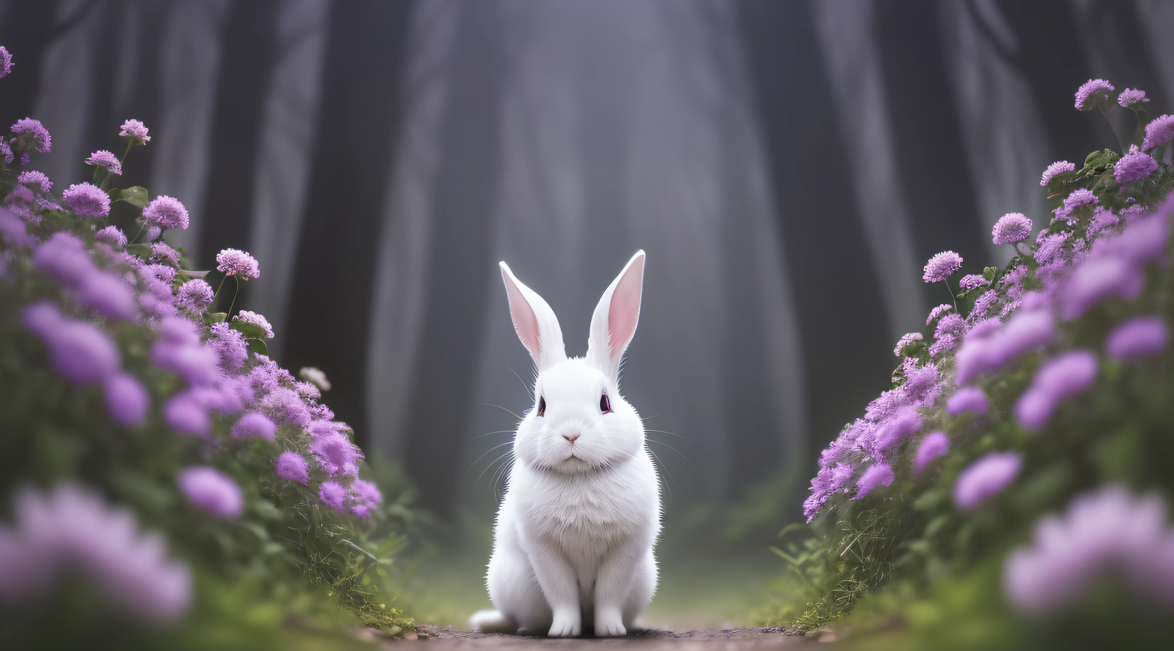 Close-up photo of a white rabbit in the enchanted forest，clean backdrop，depth of fields，largeaperture，photography of，during night，glowworm，volume fog，Halo，blooms，Dramatic atmosphere，at centre，the rule of thirds，200mm 1.4F macro shooting