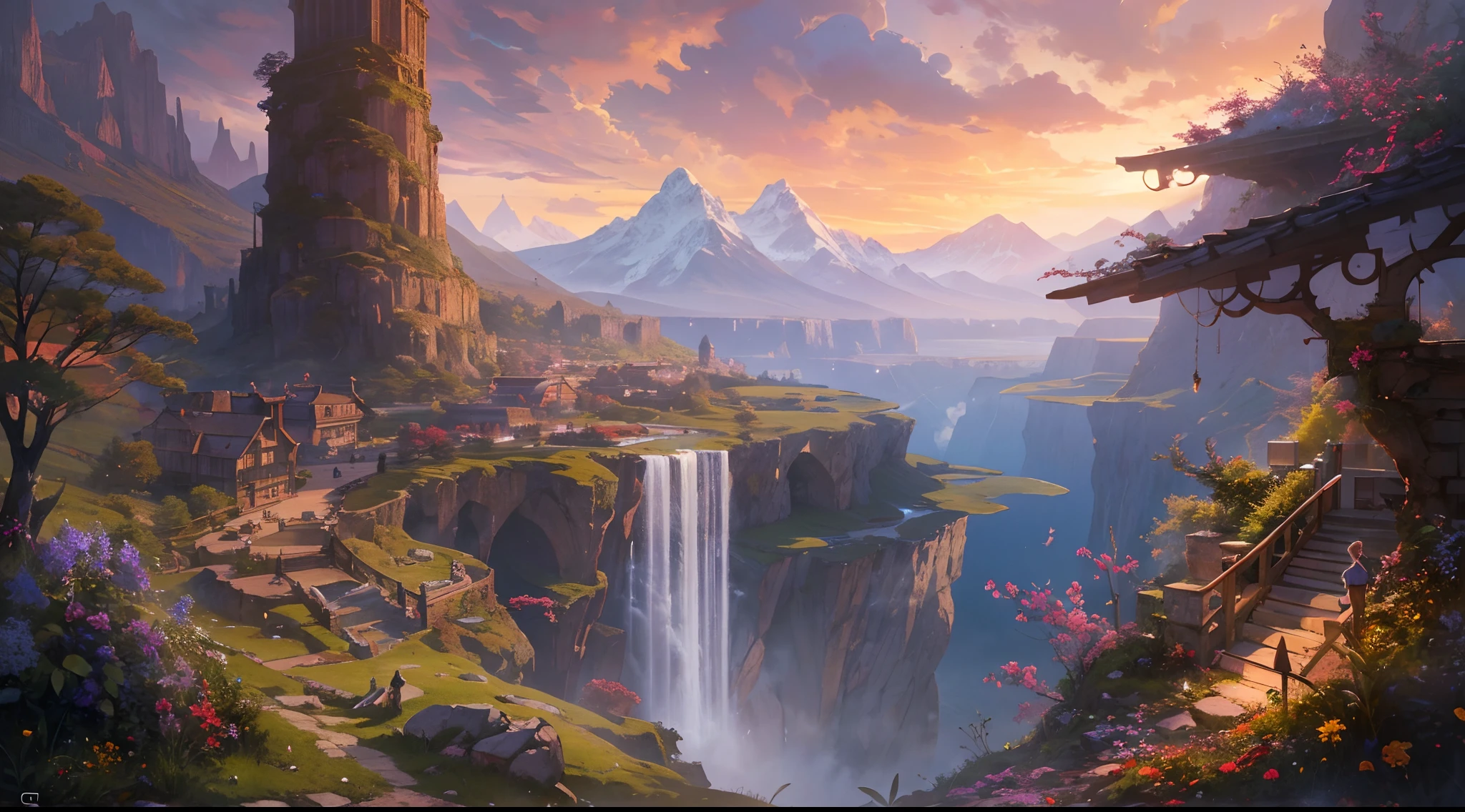 "(by Greg Rutkowski: 1.2), (masterpiece), (best quality), extremely delicate and beautiful, illustration, (fantasy landscape), A mesmerizing fantasy landscape with enchanting elements blending seamlessly. (Majestic mountains rise in the distance), adorned with vibrant flora and cascading waterfalls. The sky is awash with hues of purple and gold, reflecting off the tranquil lake below. A sense of tranquility and wonder fills the air, inviting exploration and discovery, depth of field, HDR, intricate, delicate"