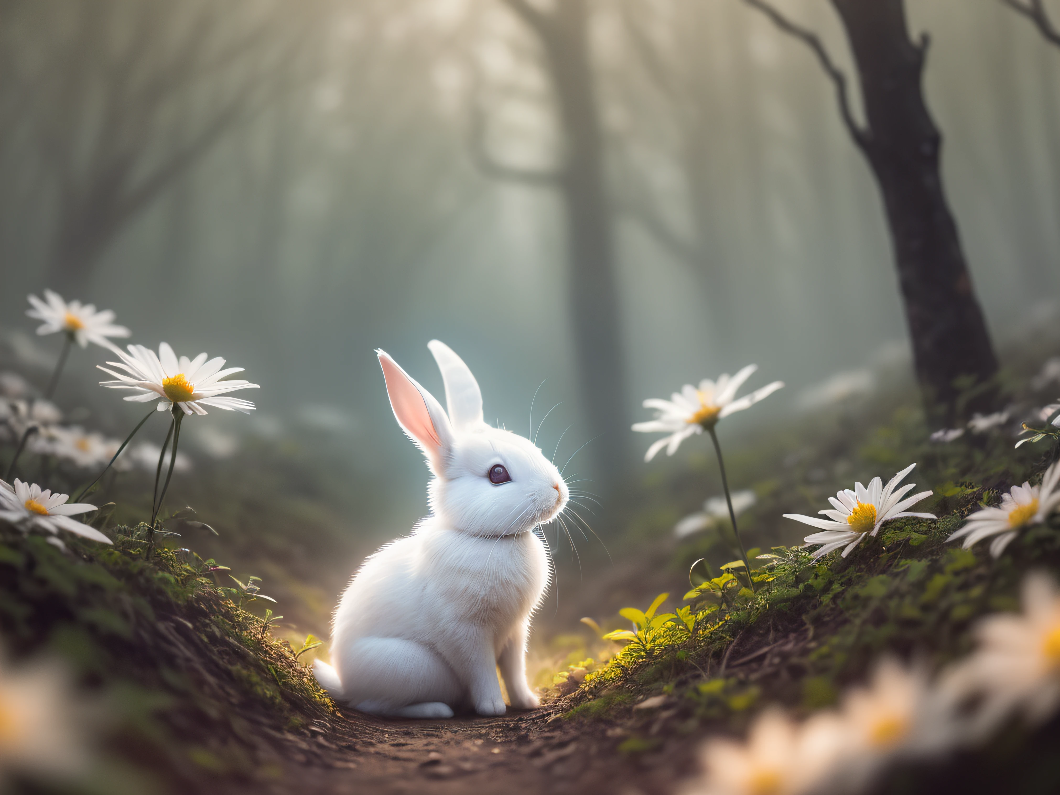 Close-up photo of a white rabbit in the enchanted forest，clean backdrop，depth of fields，largeaperture，photography of，during night，glowworm，volume fog，Halo，blooms，Dramatic atmosphere，at centre，the rule of thirds，200mm 1.4F macro shooting