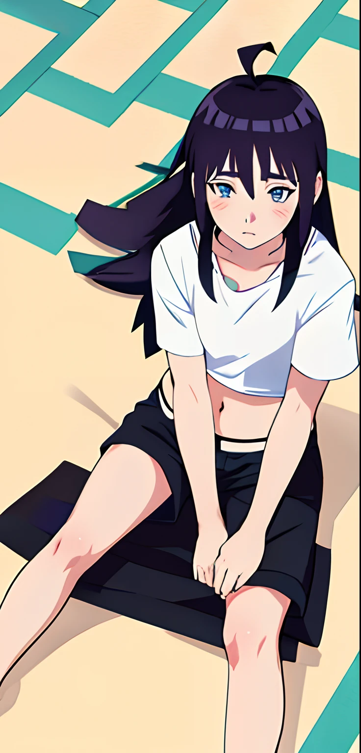 a cartoon of a girl sitting on the ground with a ball, hinata hyuga, hinata hyuga from naruto, sakura petals around her, her expression is solemn, blunt bangs, blue eyes, looking down, crop top, pants, coloured images, long hair