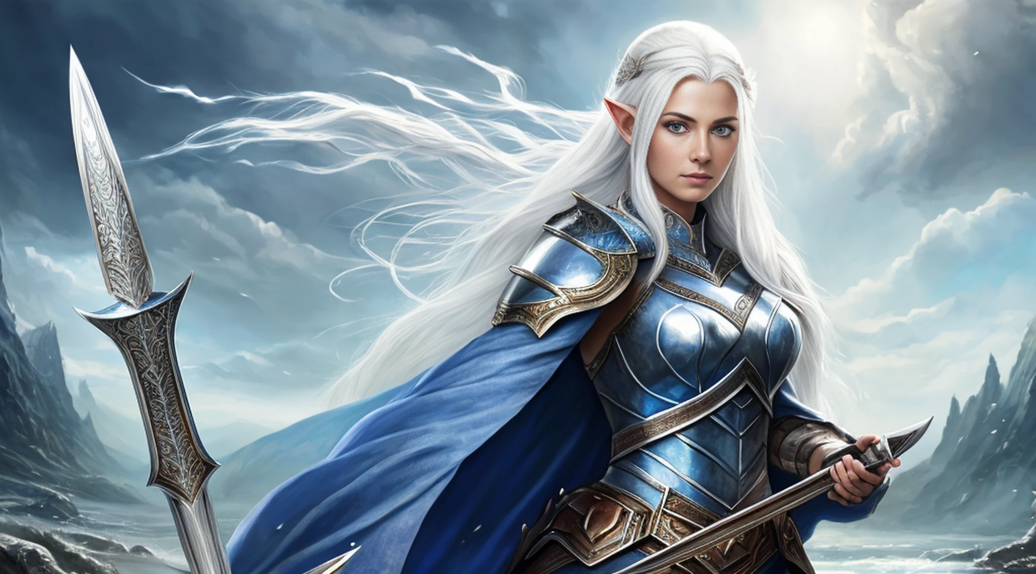 In a captivating image, A tall elf woman, with white hair, blue eyes, female face, (holding a sword and shield), in a landscape, water, (extremely detailed 8k CG unit wallpaper), most beautiful artworks in the world, majestic oil painting professional, intricate, high detail, sharp focus, dramatic and photorealistic painting art --auto