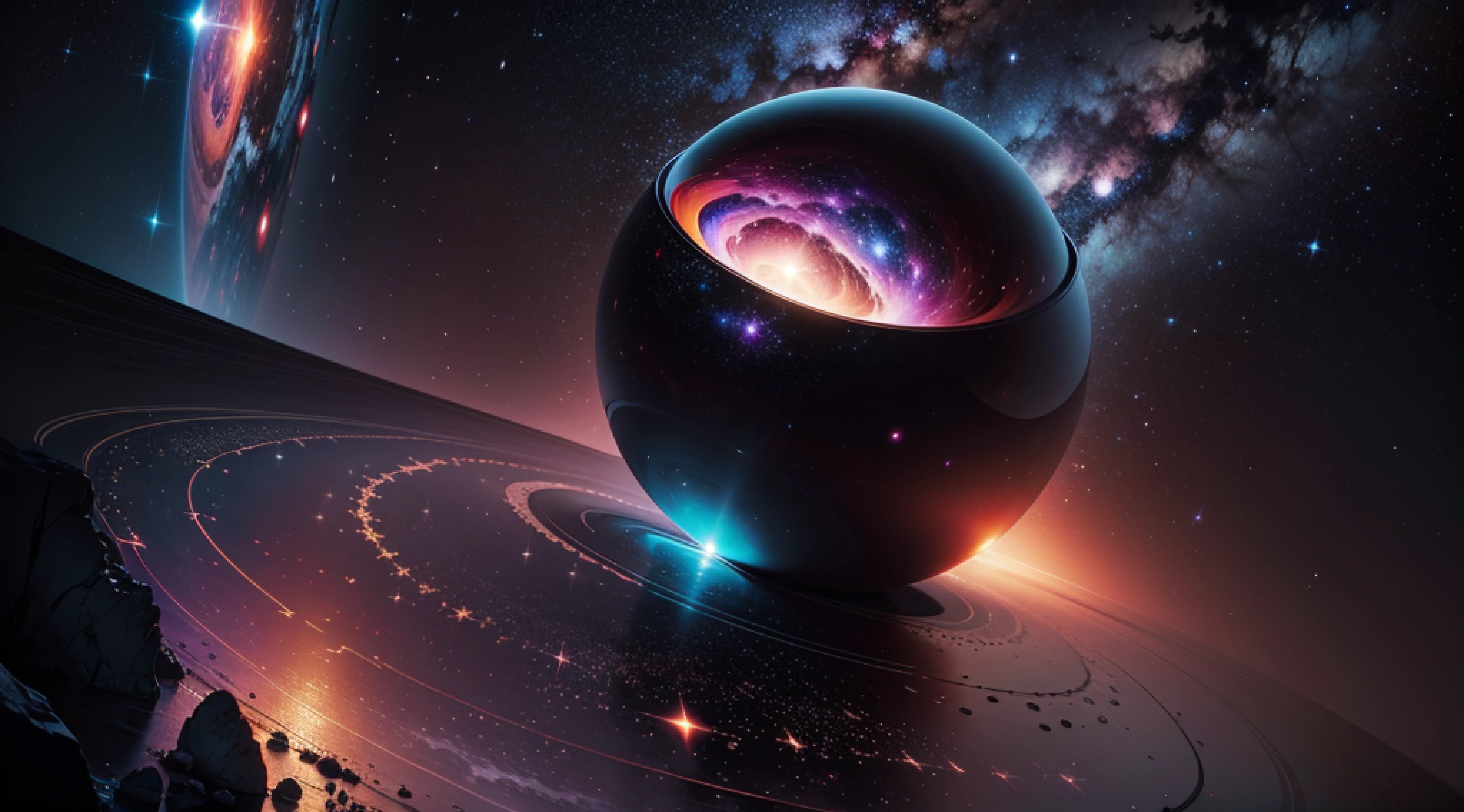 Por favor, Create a breathtaking surrealist image, portraying the cosmos with a magical touch. The scene is dominated by a magical black hole that exudes a mysterious and fascinating aura. The cosmic setting is full of rich and authentic details, com destaque para as cores vibrantes, brilho e sombras realistas.
The magic black hole is the focal point of the image, surrounded by a whirlwind of colors and intense lights. The contrast between the deep tones of the black hole and the bright colors of the stars and nebulae creates a unique and intriguing atmosphere. O brilho sutil e as sombras realistas acentuam a profundidade da cena.
The presence of many stars in the cosmic background adds a touch of majesty and grandeur to the image. Realistic textures are key to portraying both the black hole and the celestial elements in stunning detail. Depth of field is used to highlight the black hole, maintaining the beauty of the stellar scenery.
The image is a true masterpiece, Capturing the magical essence of the cosmos. The magical black hole is depicted realistically, but with a touch of wonder that makes it unique. A imagem evoca um sentimento majestoso e aconchegante ao mesmo tempo.
Por favor, Use advanced rendering techniques, como o Octane Render, To achieve the desired quality. A imagem deve ser UHD ou 8K, allowing every detail of the scene to be enjoyed in all its glory