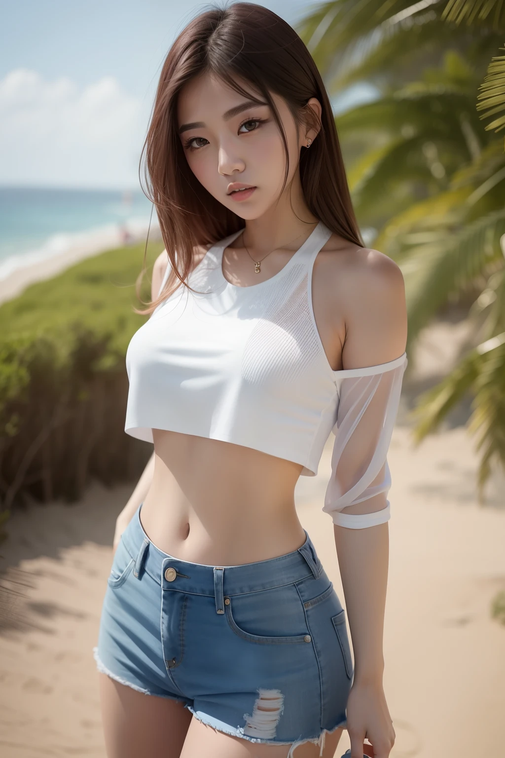 A woman in a white blouse and blue shorts by the sea,On the seaside, there are waves, sandy beaches, gorgeous young Korean women, 2 4 year old female model, Korean girl, korean women's fashion model, beautiful Korean women, photo of slim girl model, Beautiful young Korean woman, wearing sexy cropped top, with ripped crop t - shirt, wearing tight simple clothes, white halter top