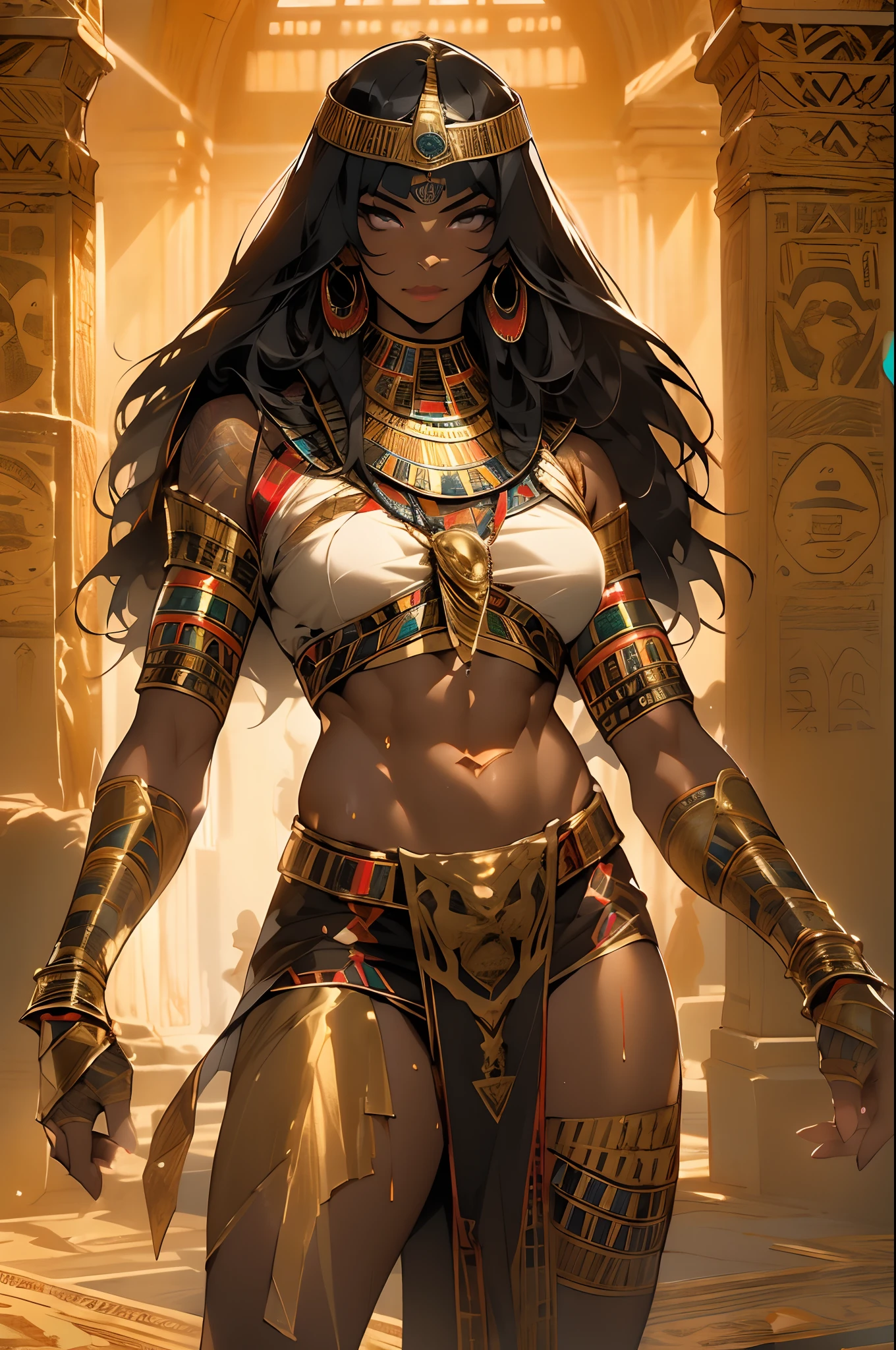 ((Frank Frazetta)), beautiful black woman, Beautiful black eyes、 Egyptian woman, (Egyptian adornments), muscular and perfect body,(top-quality、8K、32K、masterpiece、nffsw:1.3)、超A high resolution,(Photorealsitic:1.4),, long black hair with heavy bangs on the forehead,,,Sun glare,depth of fields,By backlight effect、Add depth to your screen、muscular body, Red veil, dark skin shiny with oil and sweat, Anubis warrior in small clothes, golden bra, Egyptian tattoo,, Large breasts, Generous cleavage, , A desert, pyramids in the background