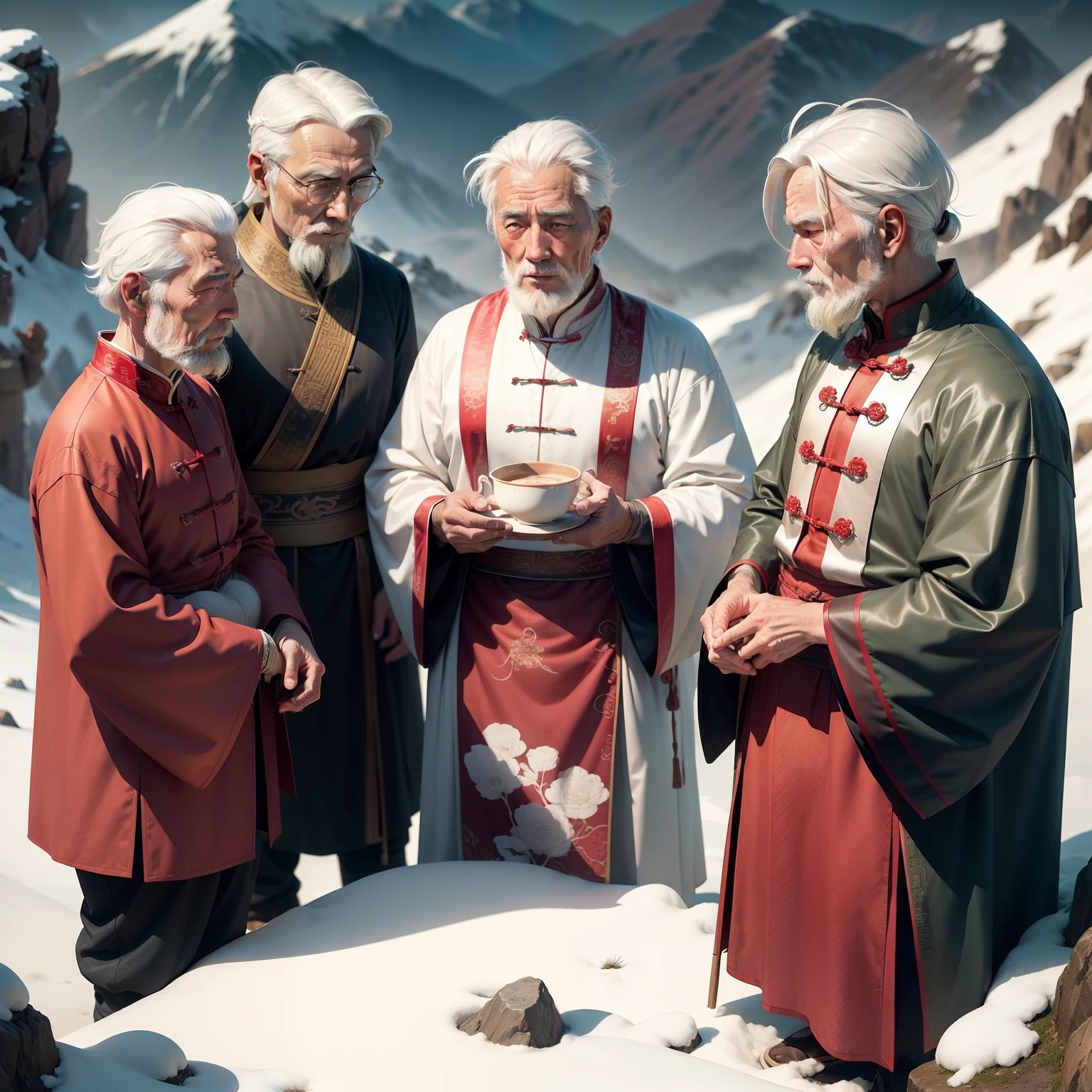 white hair old guy with a Chinese clothes cultivating on a mountain top while his 9 disciples are watching