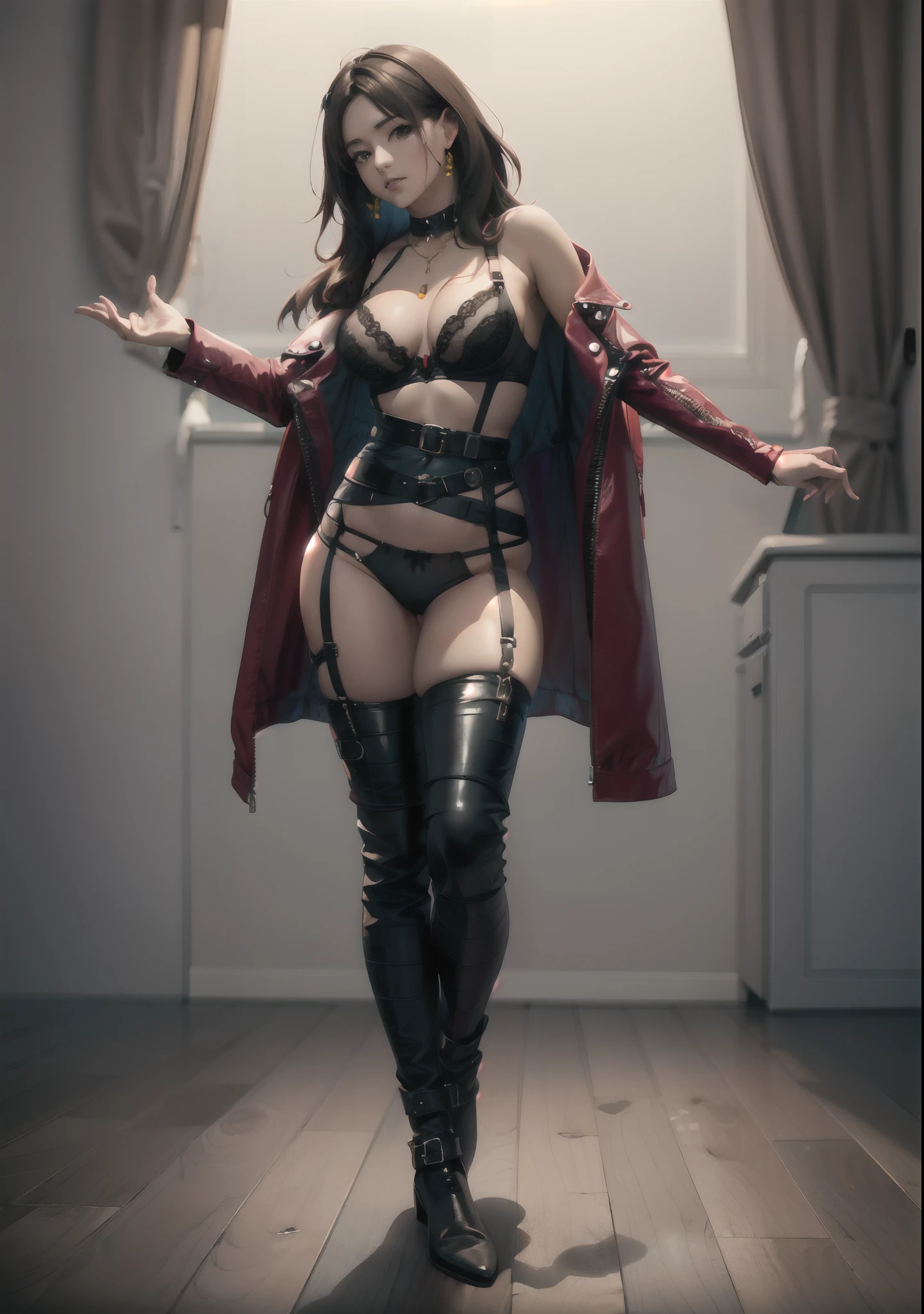 Replicate the reference image and do it in the same position, use a criatividade e deixe a bem realista, Completando a arte deixando as roupas e acessorios nas cores preta com detalhes dourados, botas longas de couro, make it as perfect as possible, elmo com chifres, leather bra and panties, botas de couro, ao fundo um vale sombrio