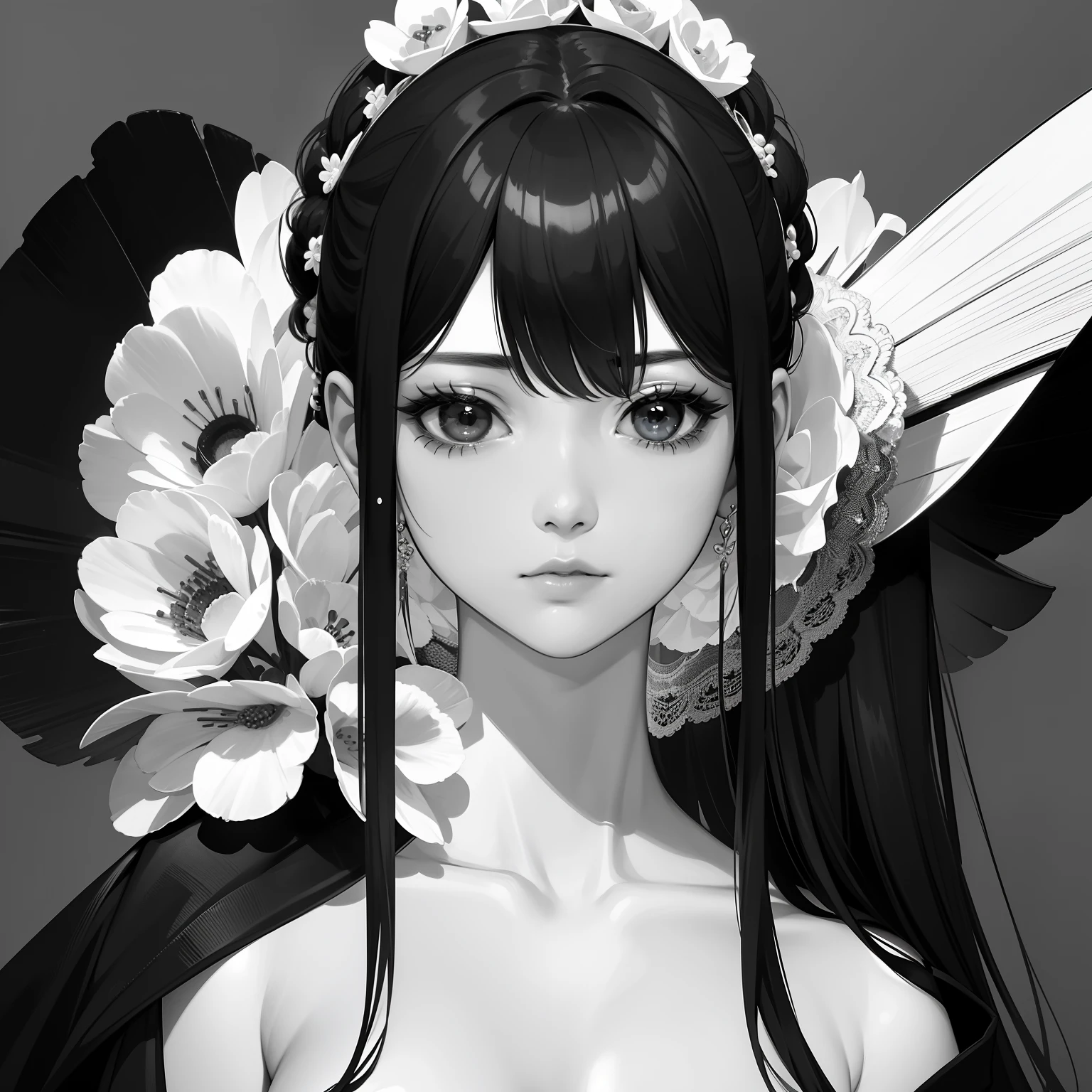 masterpiece、top-quality、hight resolution、High-quality images、8K、1womanl、the detail、Detailed eye depiction、skin gloss、Monochrome grayscale、Lisa、portlate、memories